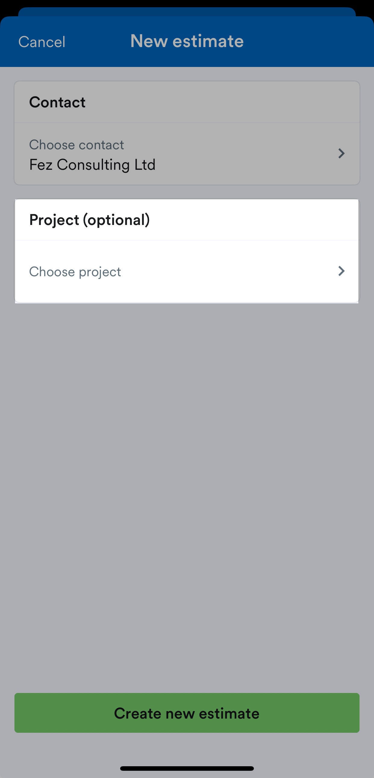 Project field highlighted on Create estimate screen.