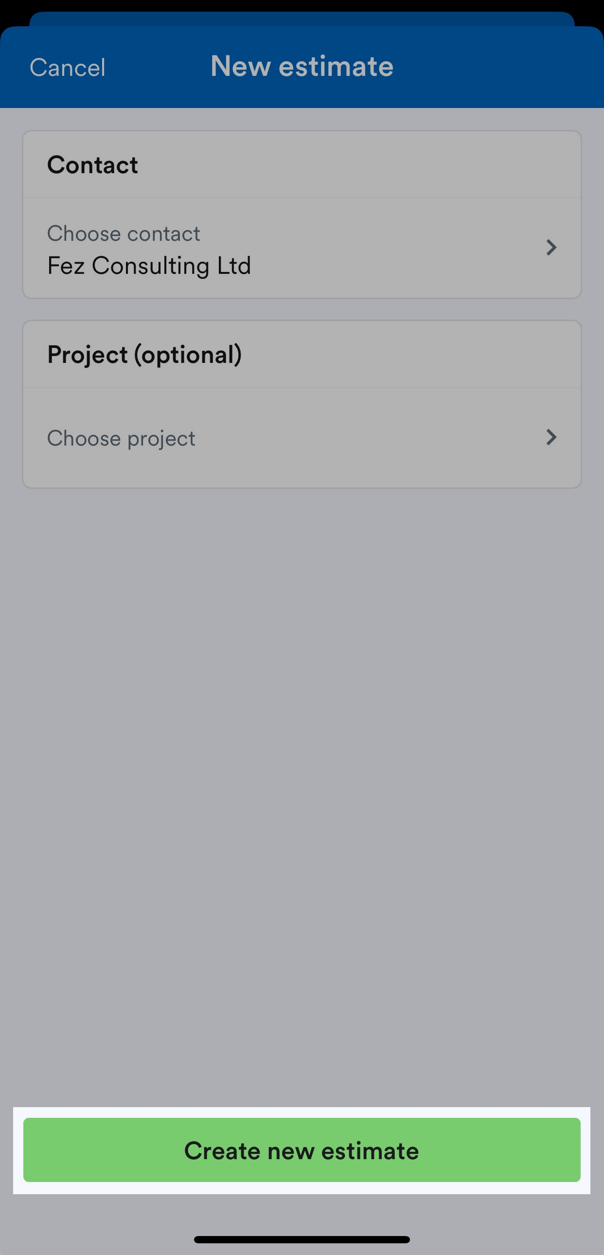 'Create new estimate' button highlighted on Create estimate screen.