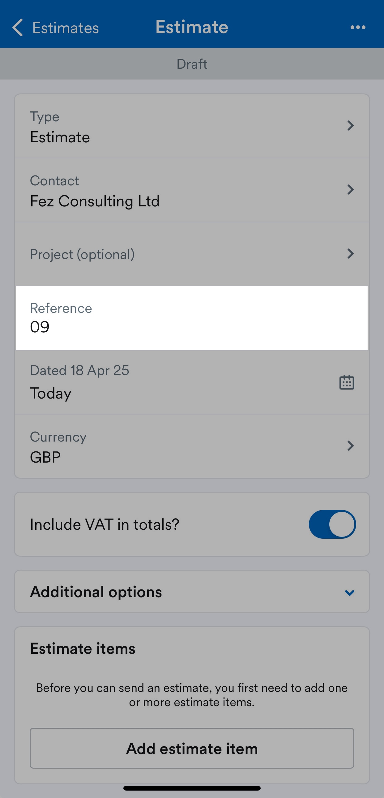 Reference field highlighted on Estimate screen.