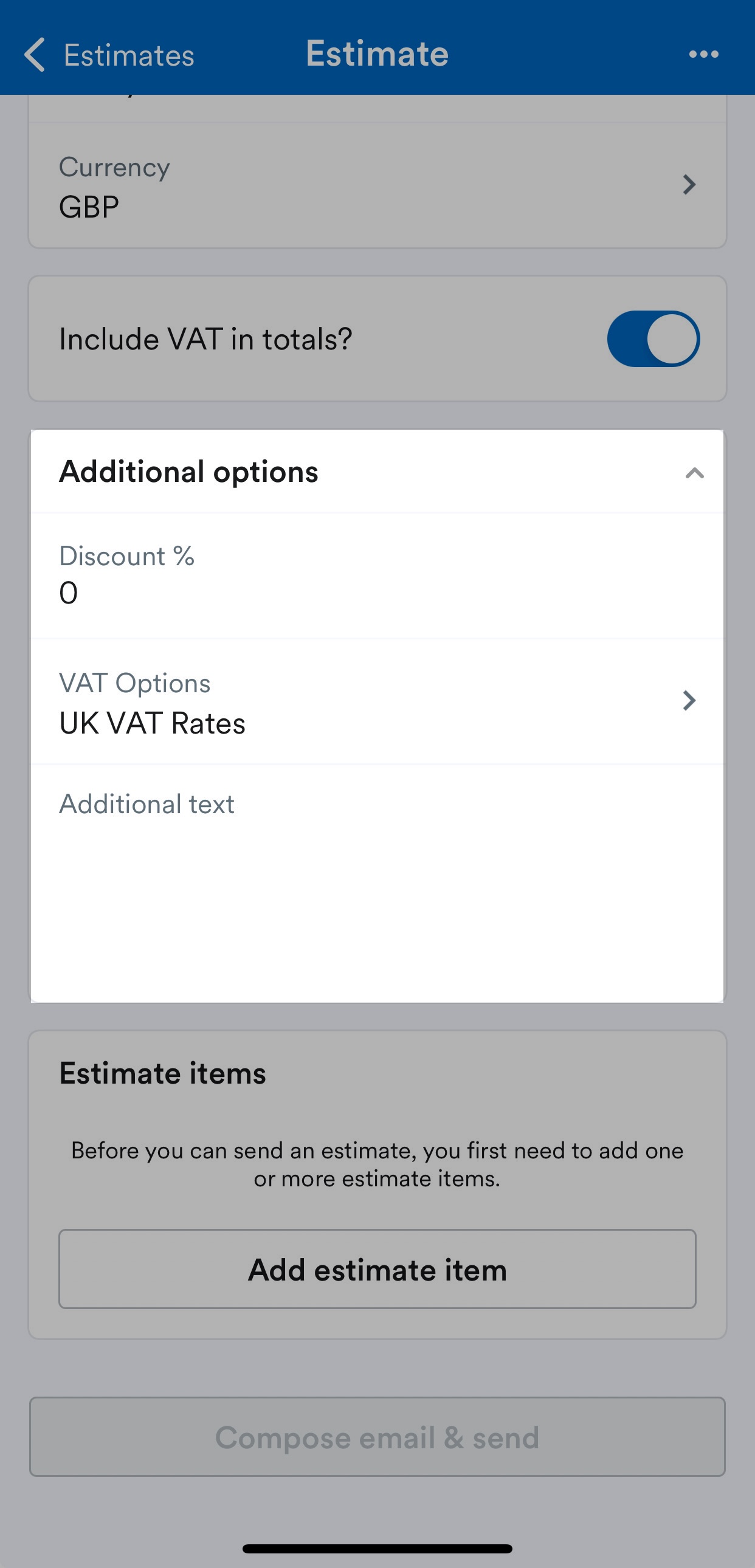 Additional options section highlighted on Estimate screen.