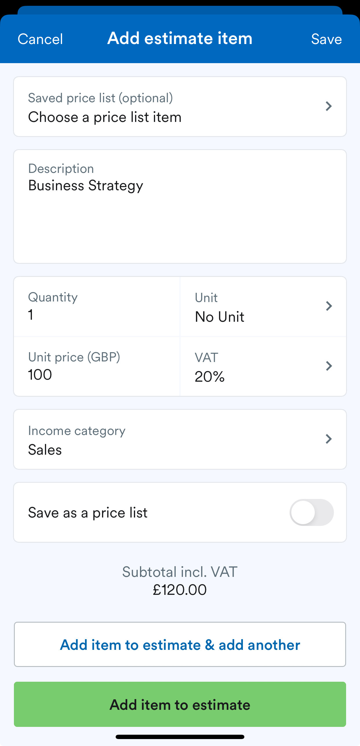 Add estimate item screen.
