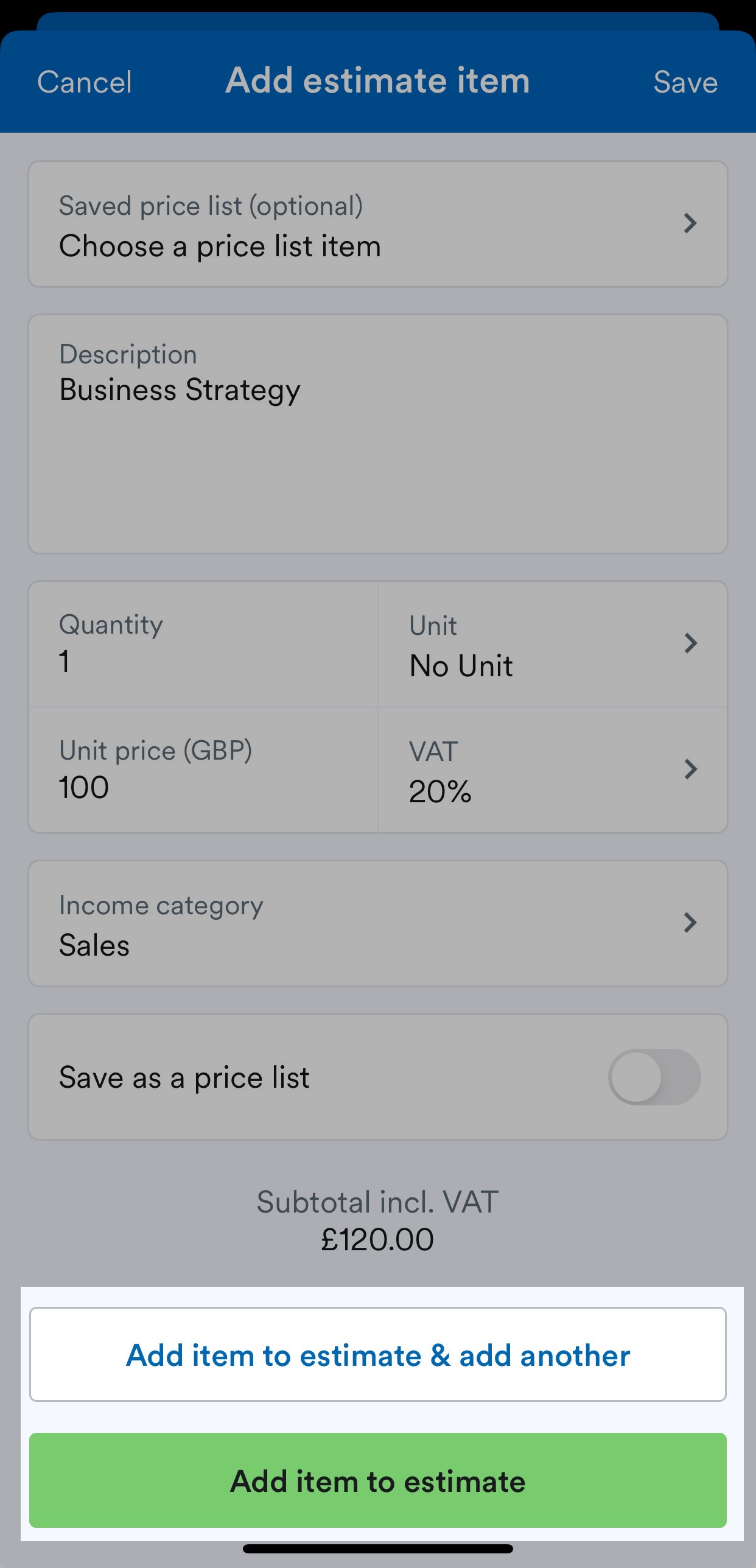 Options to 'Add item to estimate and add another' or 'Add item to estimate'.