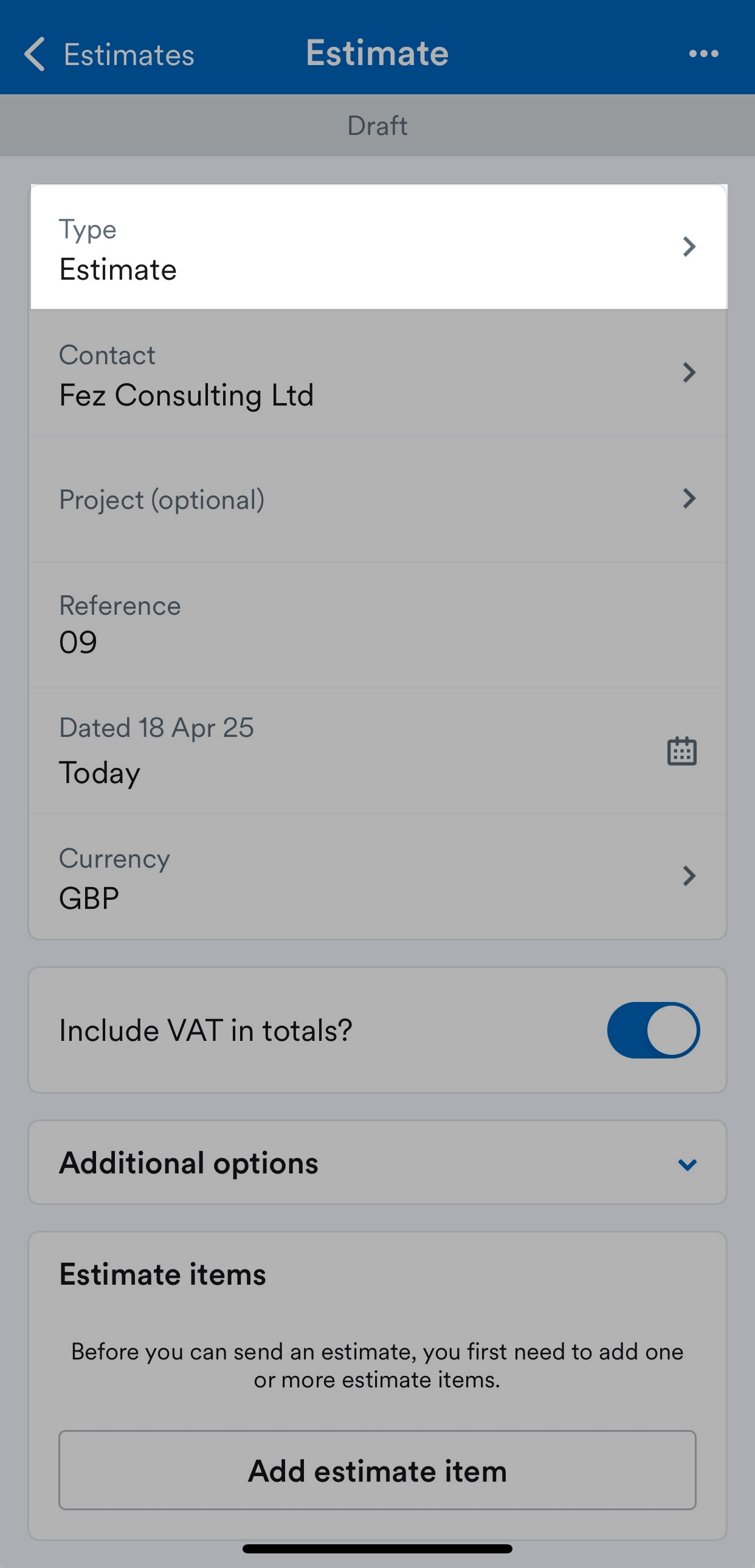 Type field highlighted on Estimate screen.