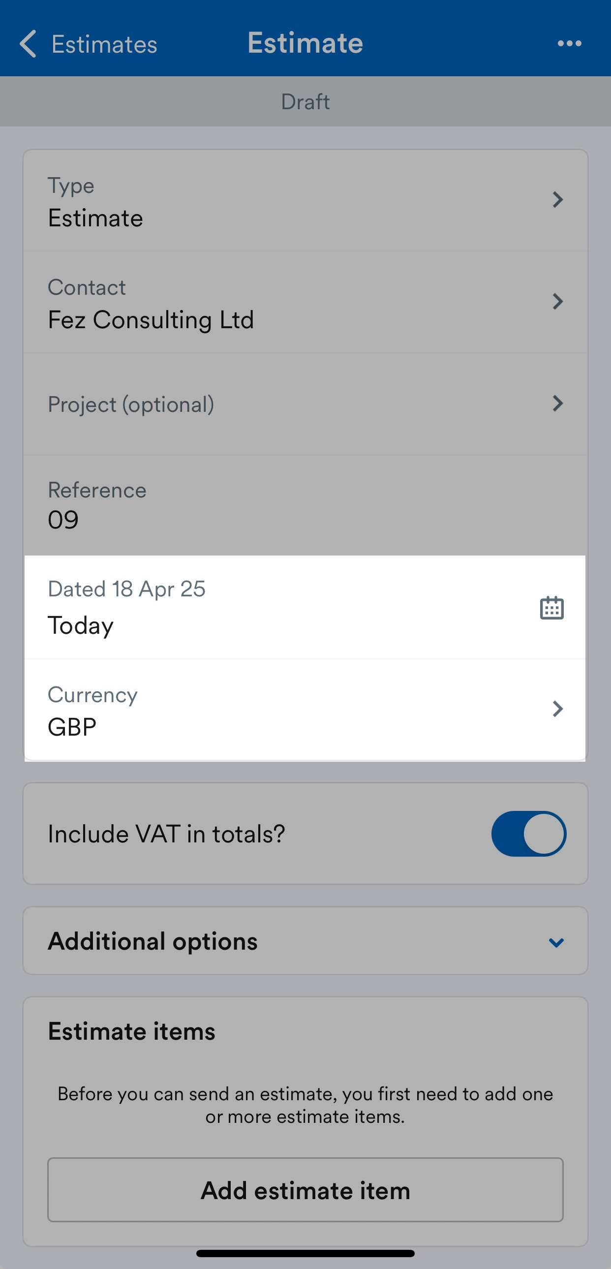 Date and currency fields highlighted on Estimate screen.