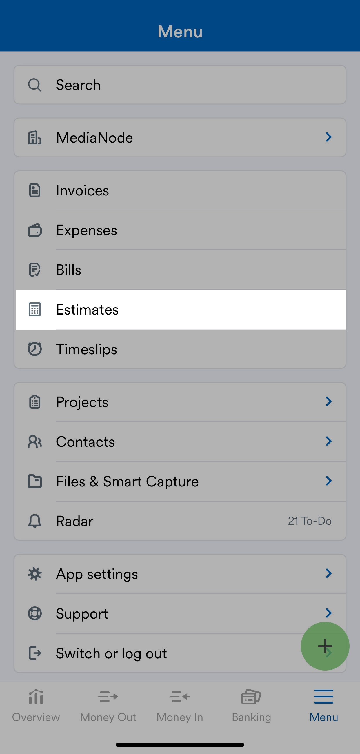 'Estimates' highlighted on mobile app navigation menu.