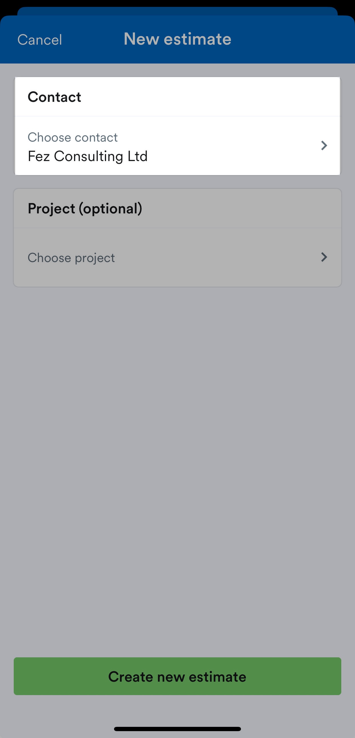 Contact field highlighted on Create estimate screen.