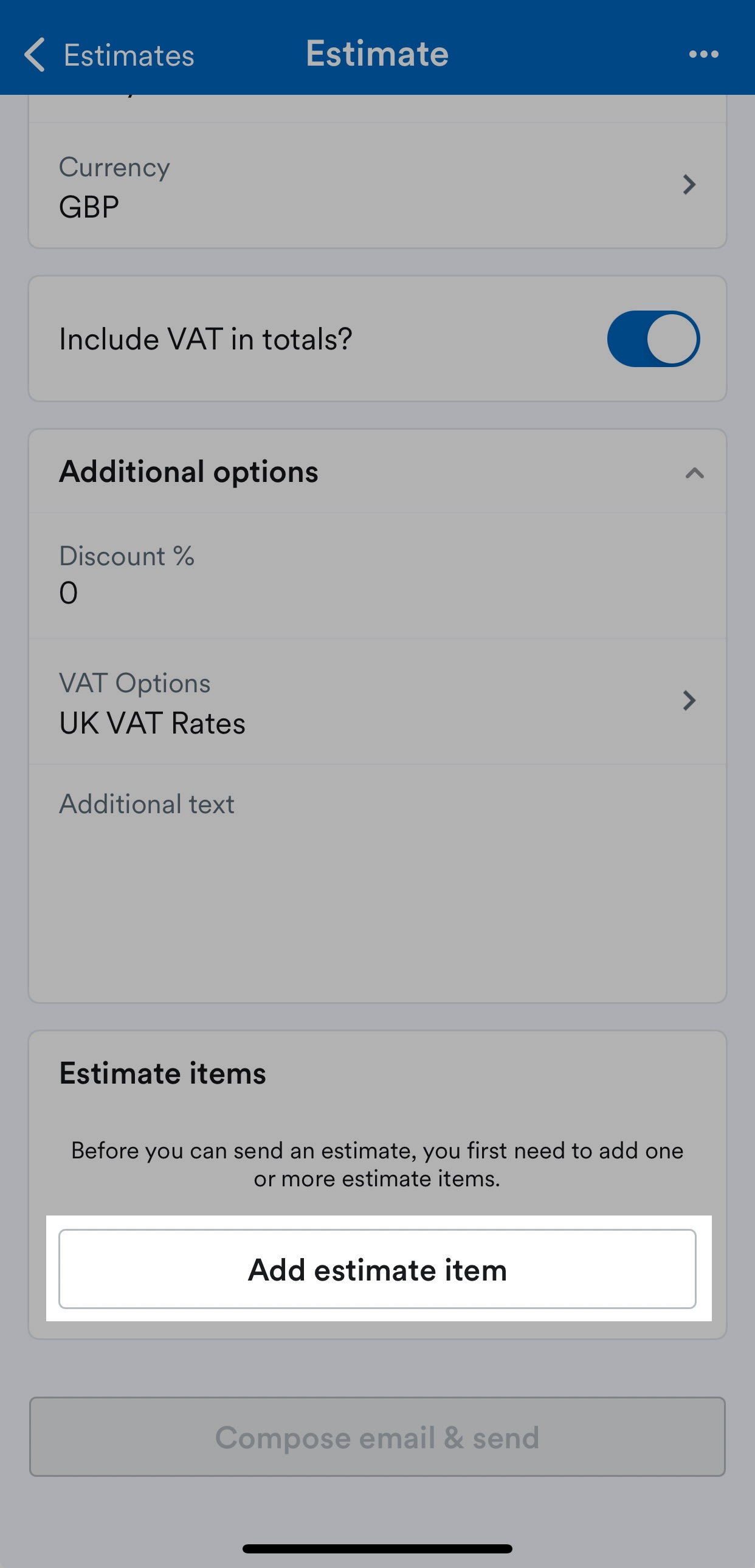 'Add estimate item' button highlighted on Estimate screen.