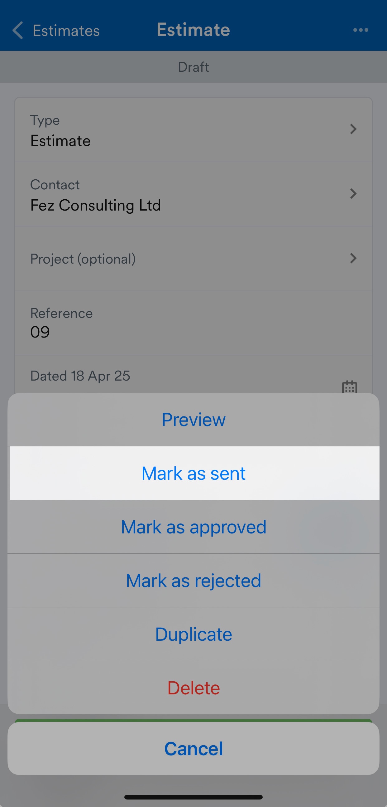 'Mark as sent' button highlighted on Estimate screen.