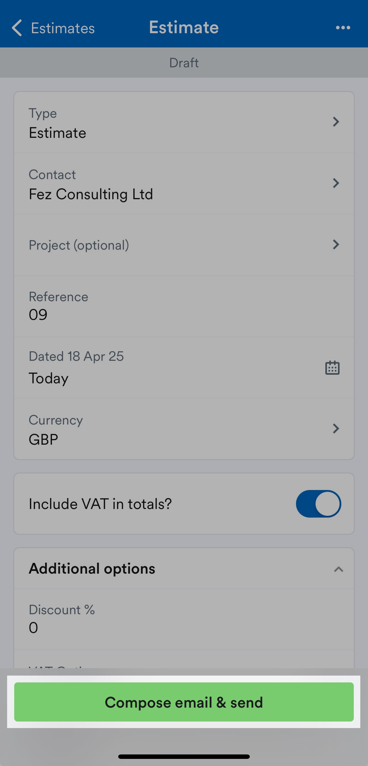 'Compose email and send' button highlighted on Estimate screen.