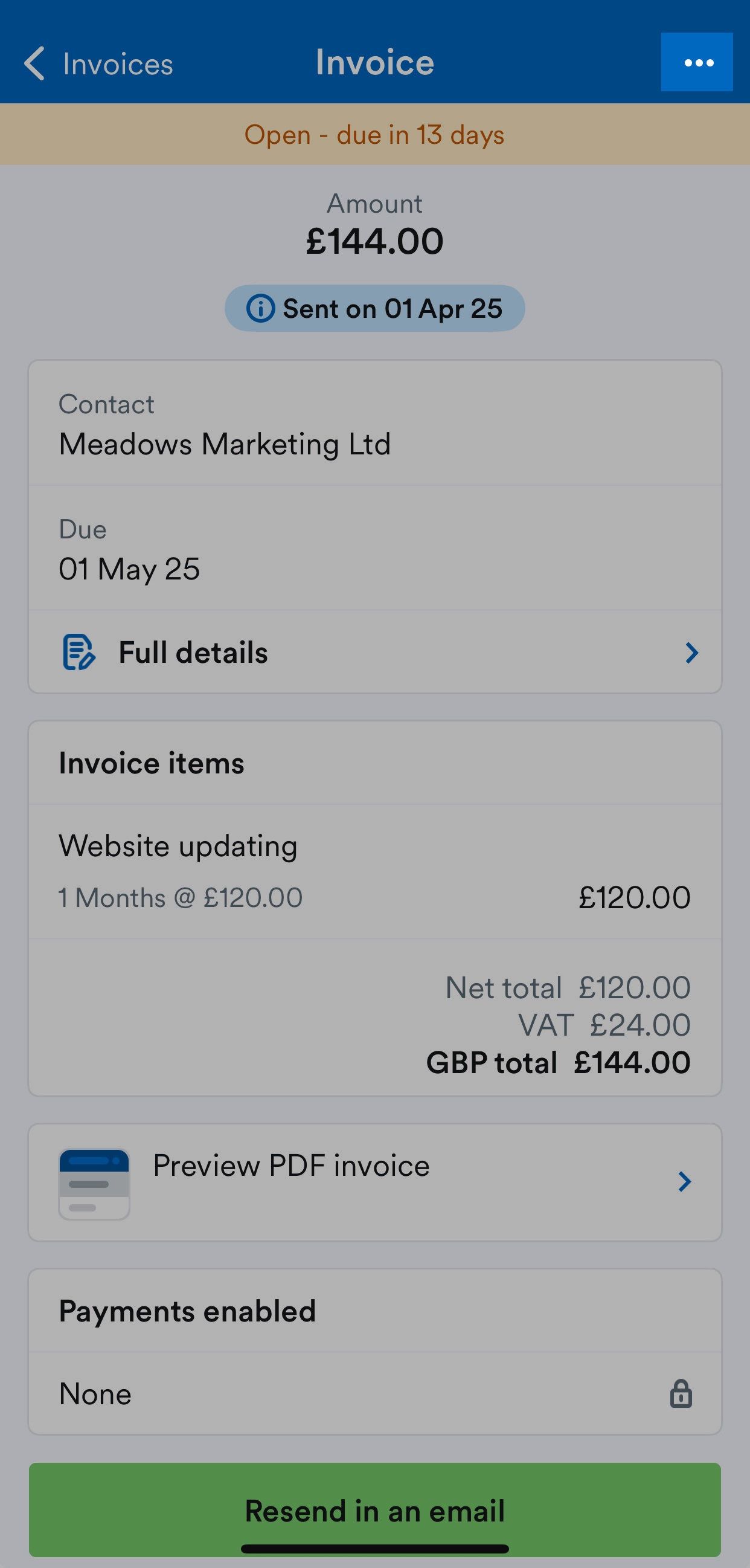 Three dots menu button highlighted on Invoice screen.
