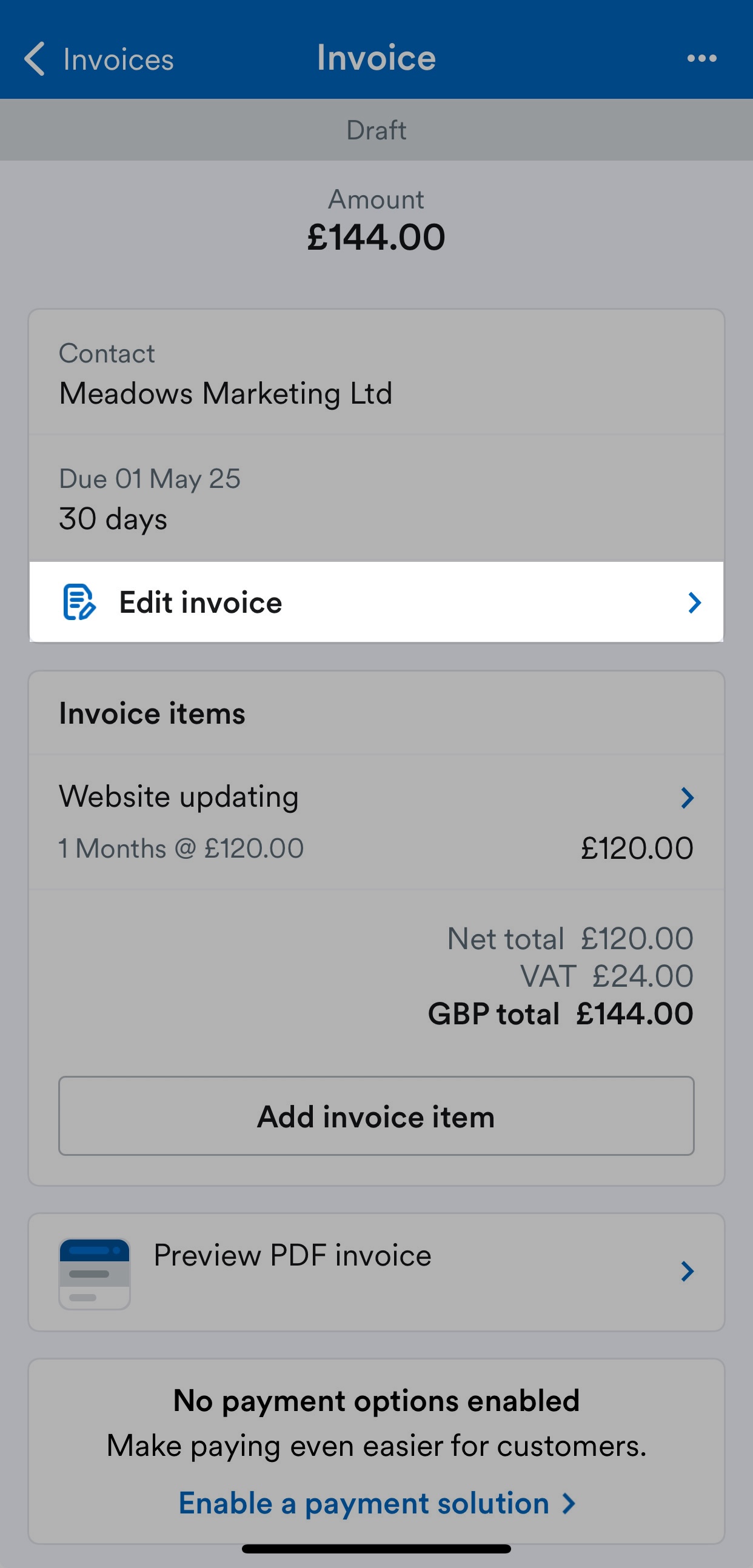 'Edit invoice' button highlighted on Invoice screen.