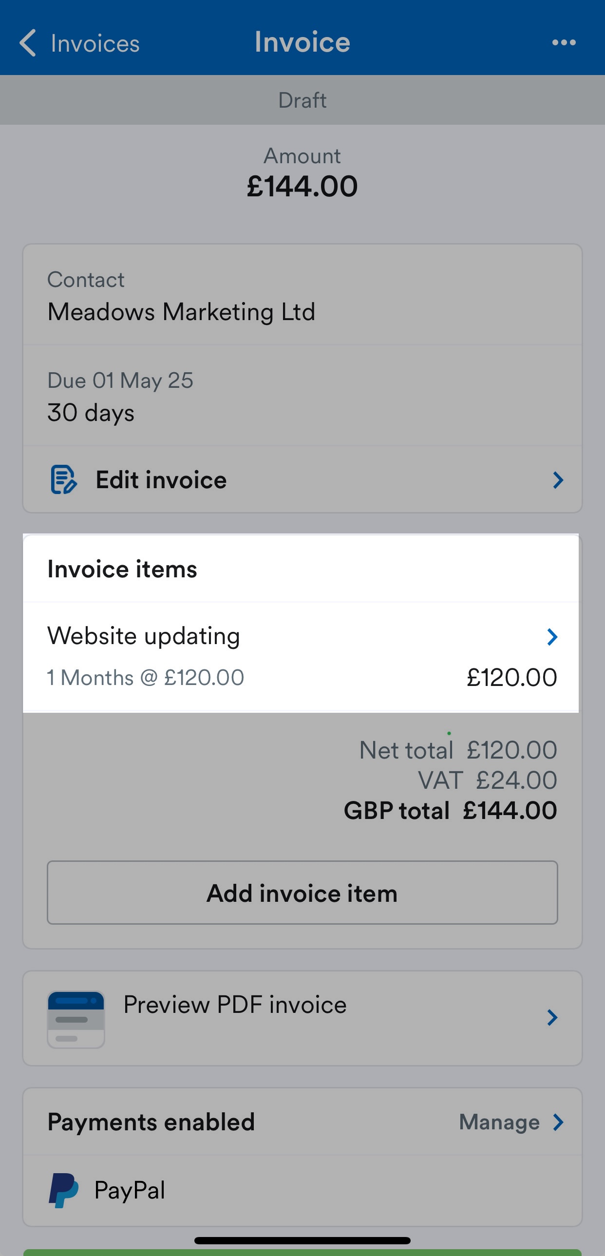 Invoice line item highlighted on Invoice screen.
