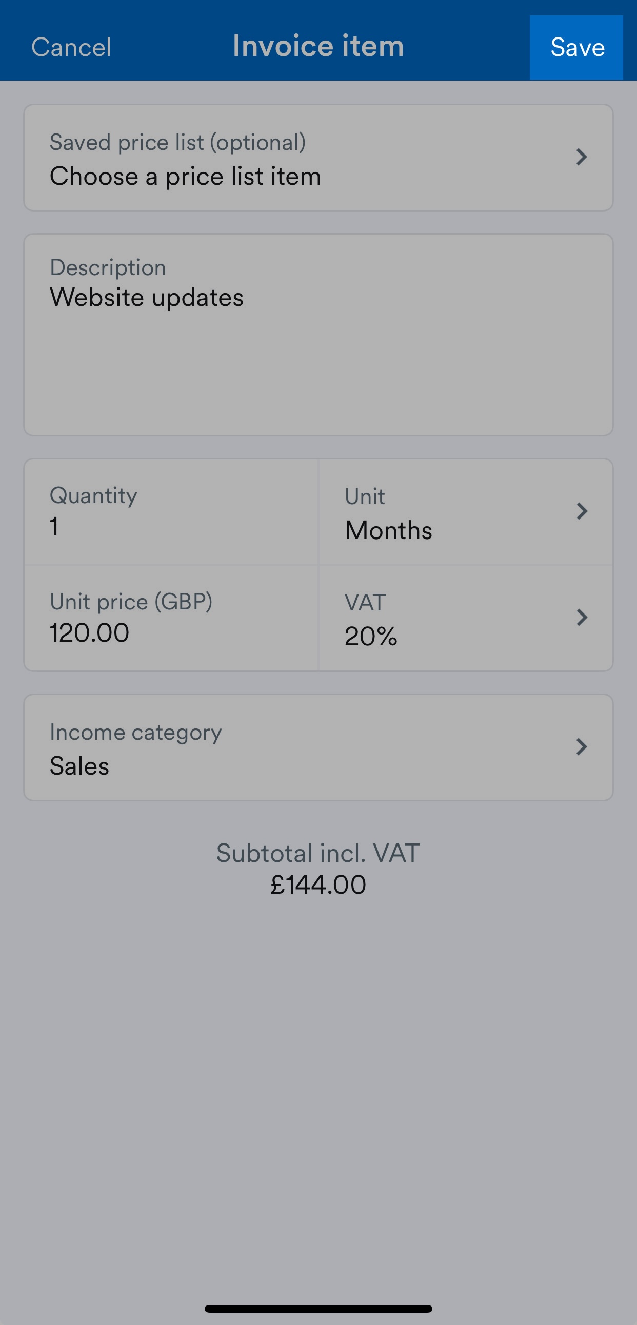 'Save' button highlighted on Invoice item screen.