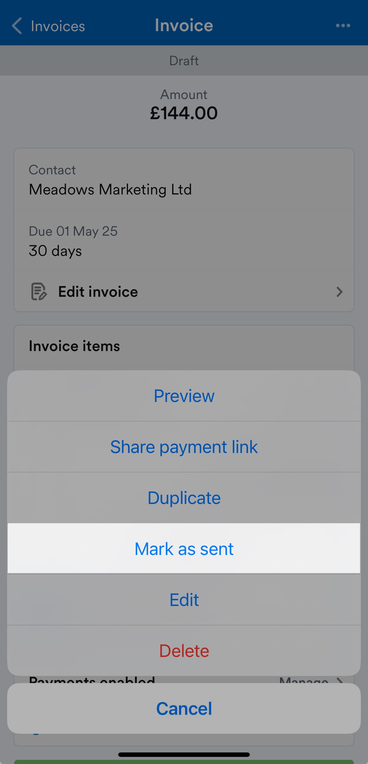 'Mark as sent' button highlighted on Invoice screen.