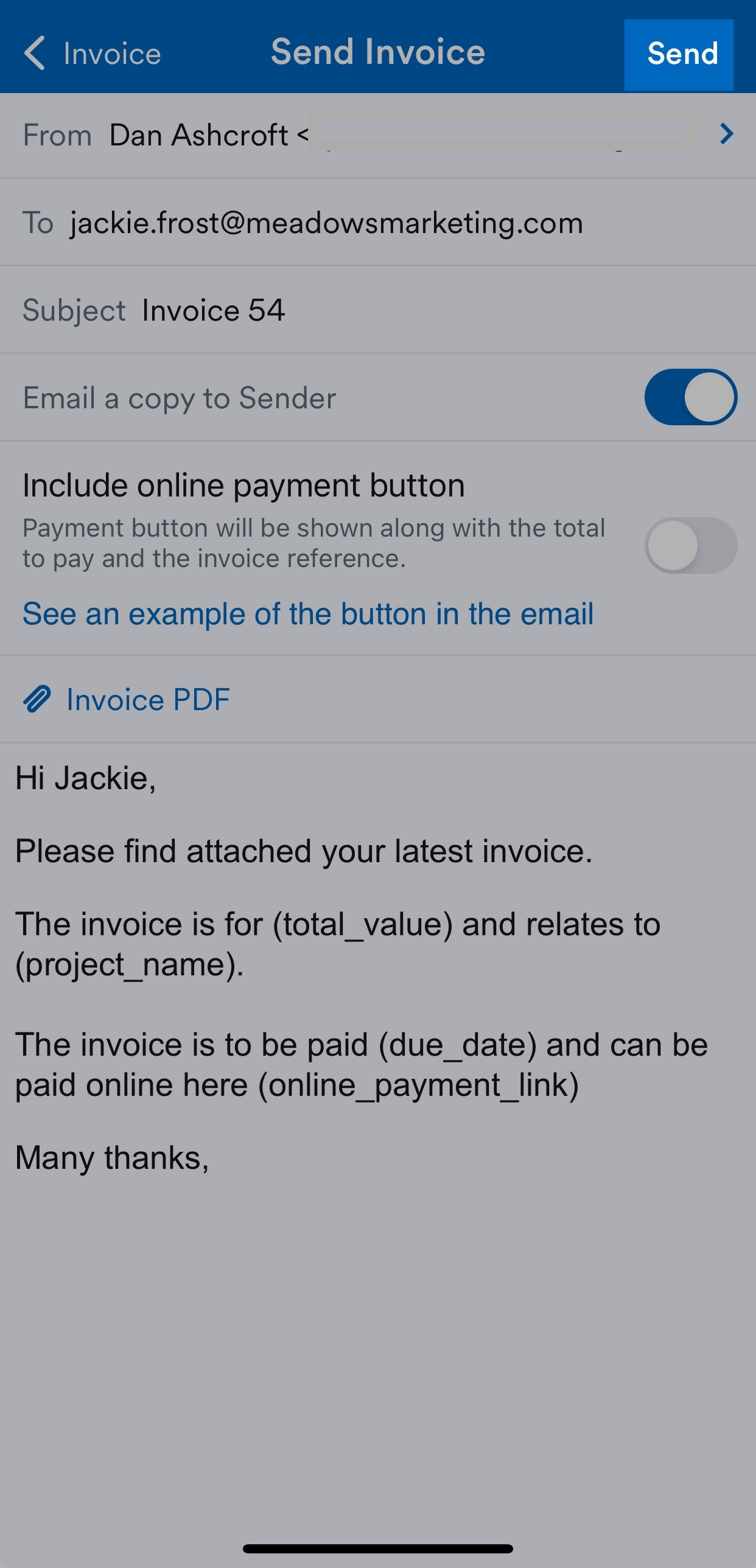 'Send' button highlighted on Send Invoice screen.