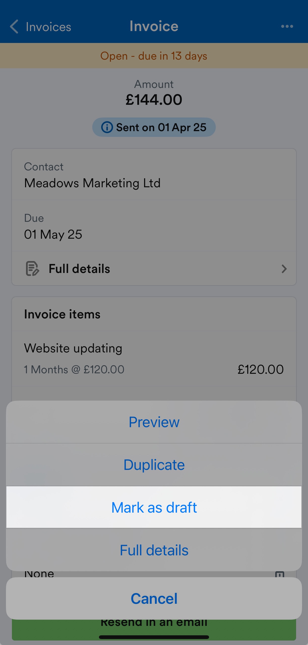 Mark as draft' highlighted on Invoice screen.