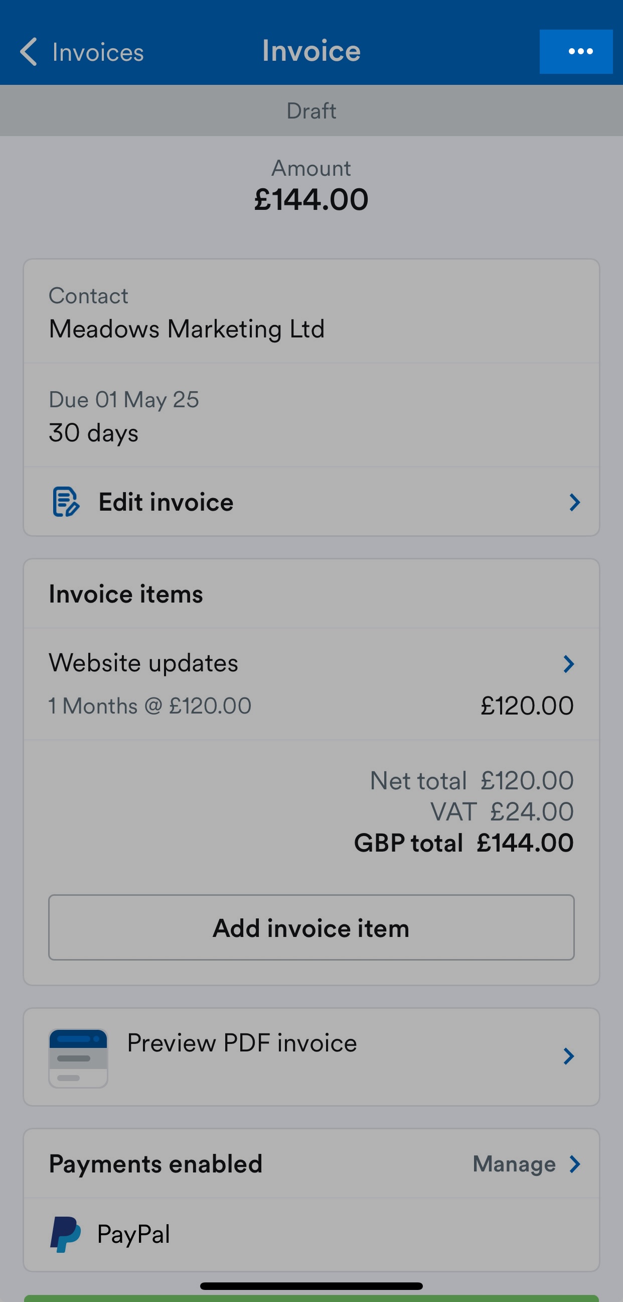 Three dots menu button highlighted on Invoice screen.