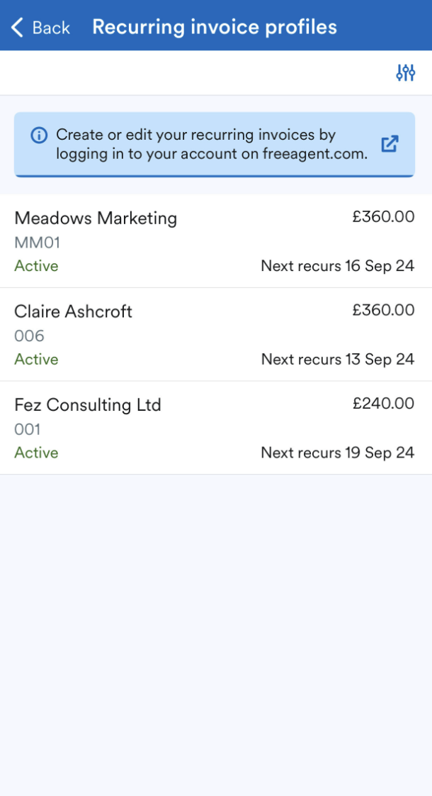 List of recurring invoices