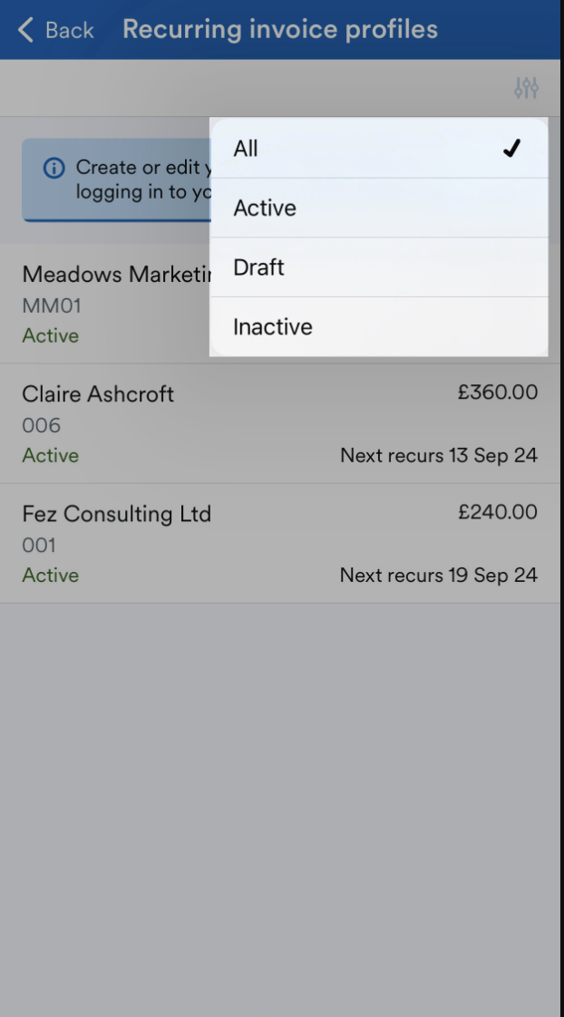 Drop down menu with options to select 'All', 'Active', 'Draft', and 'Inactive'.