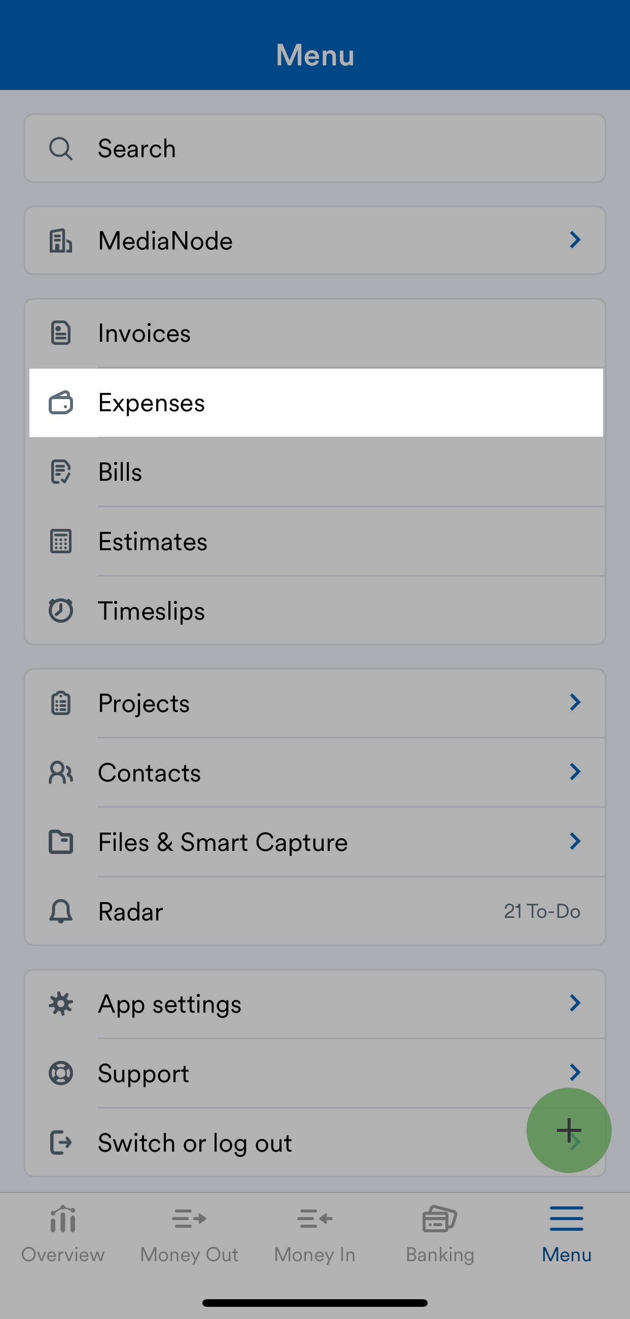 Expenses highlighted in the FreeAgent mobile app menu