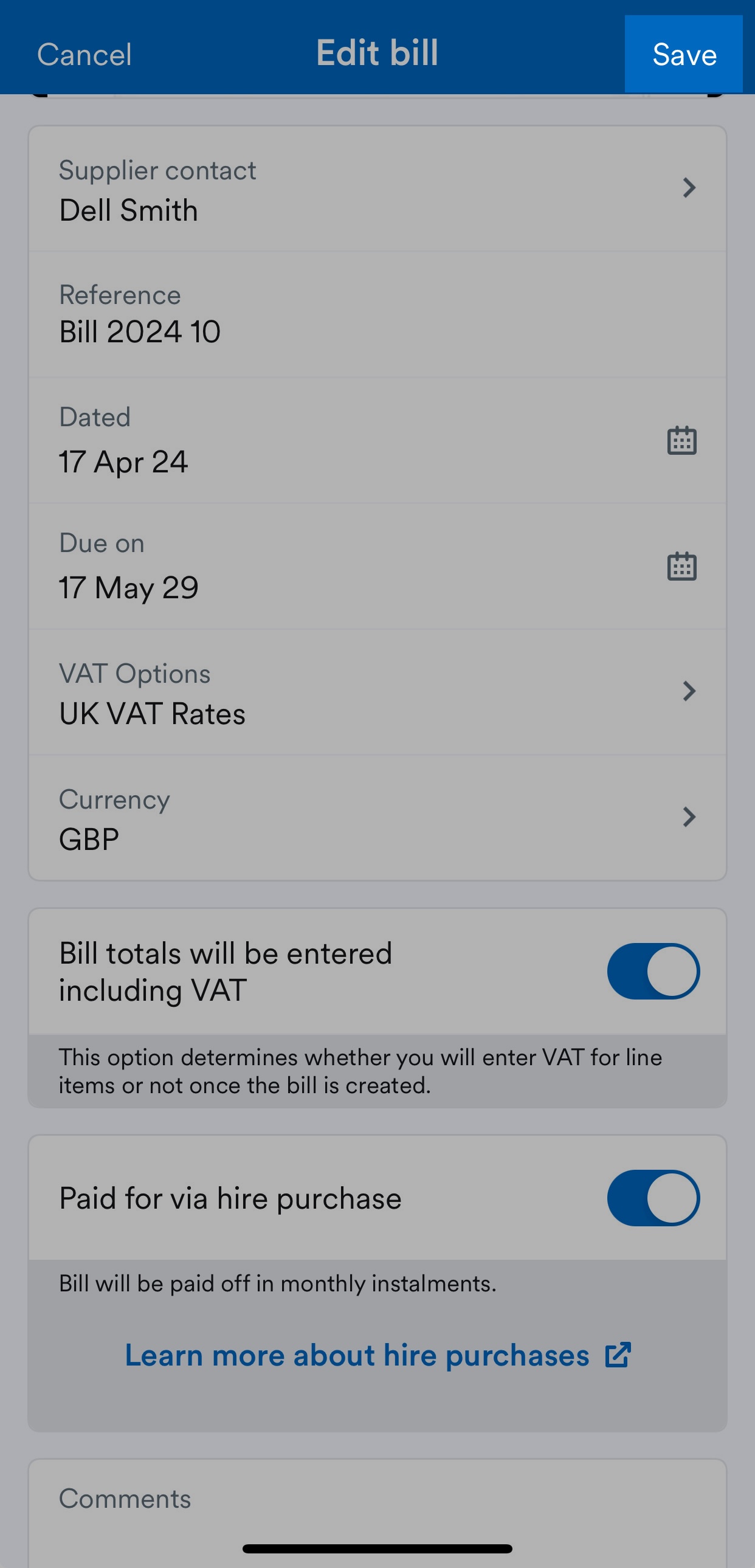 save button highlighted on bill screen
