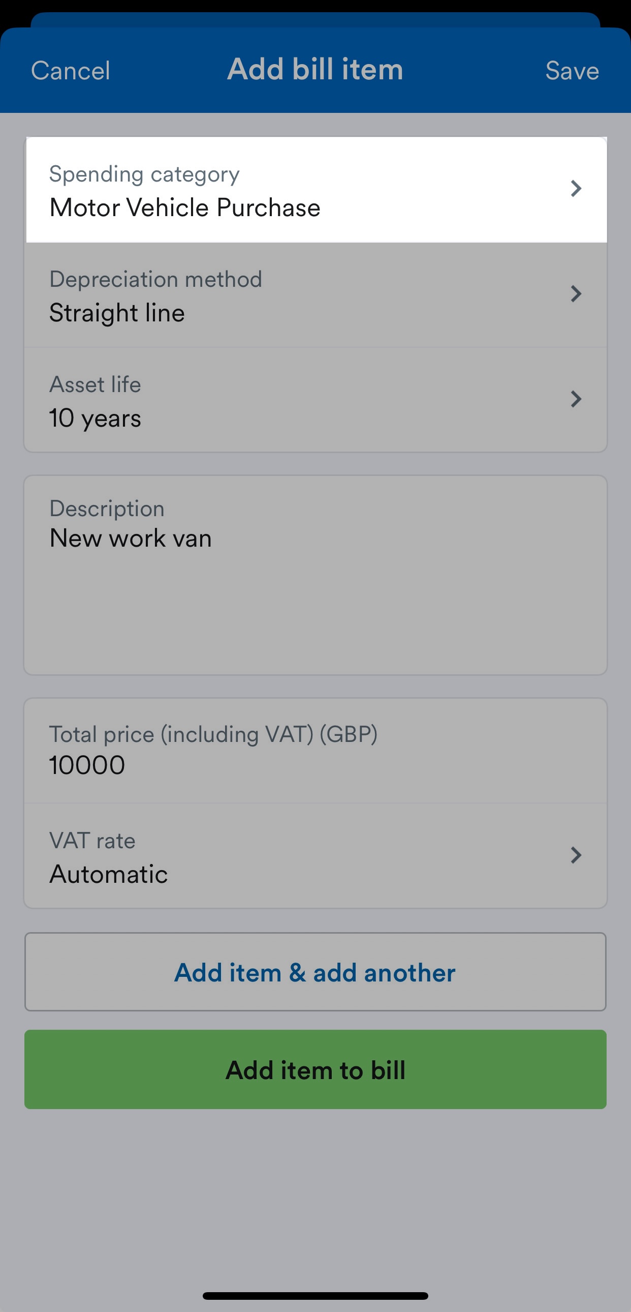 Spending category highlighted on add bill item screen