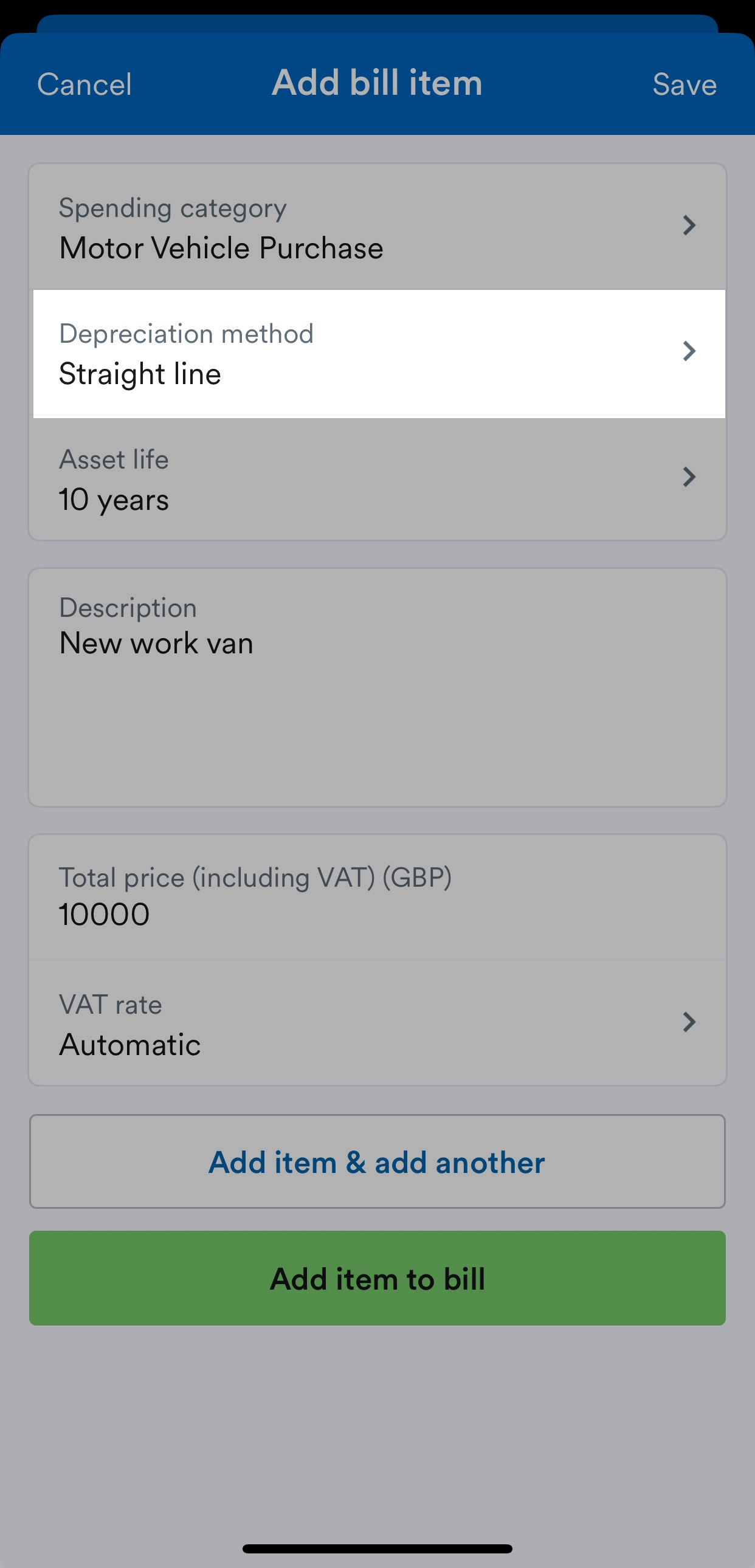 Depreciation method field highlighted