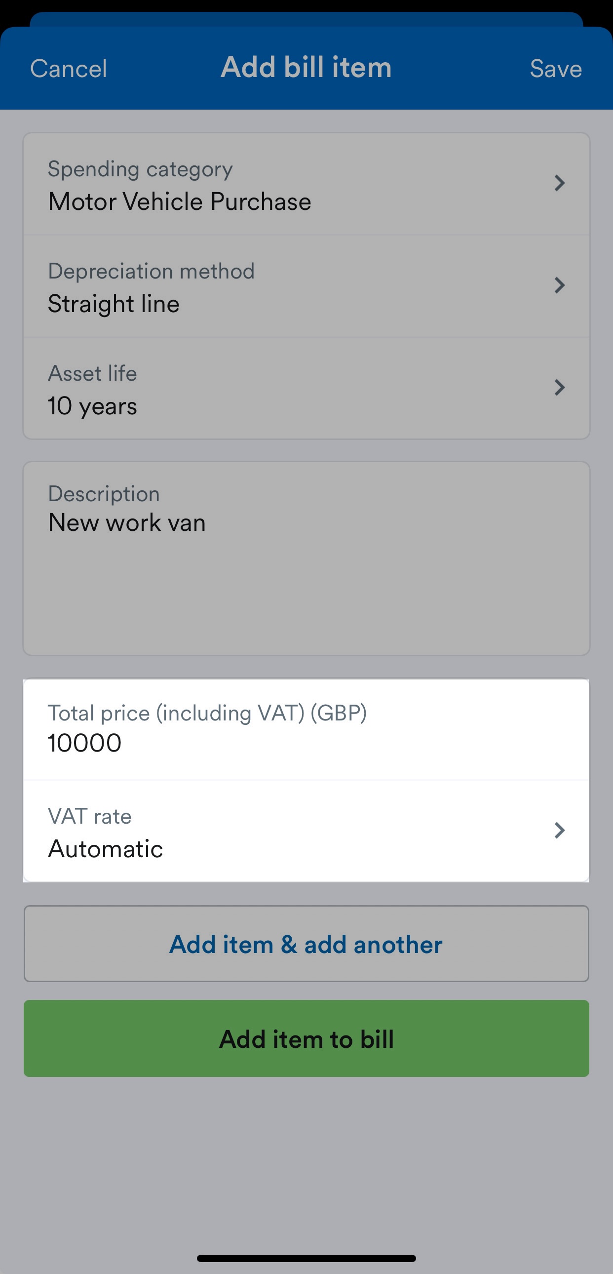 Price and VAT fields highlighted