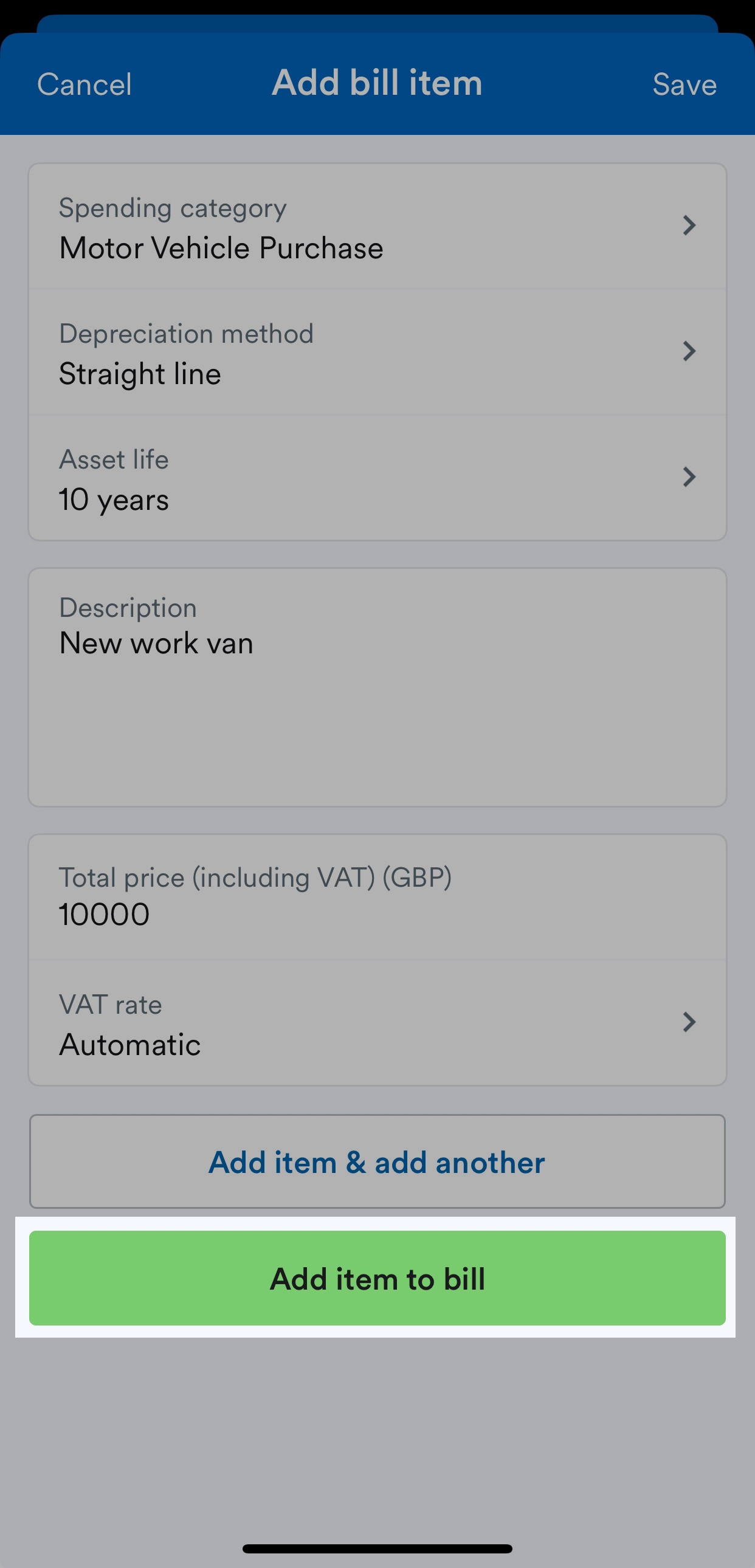 Add item to bill button highlighted