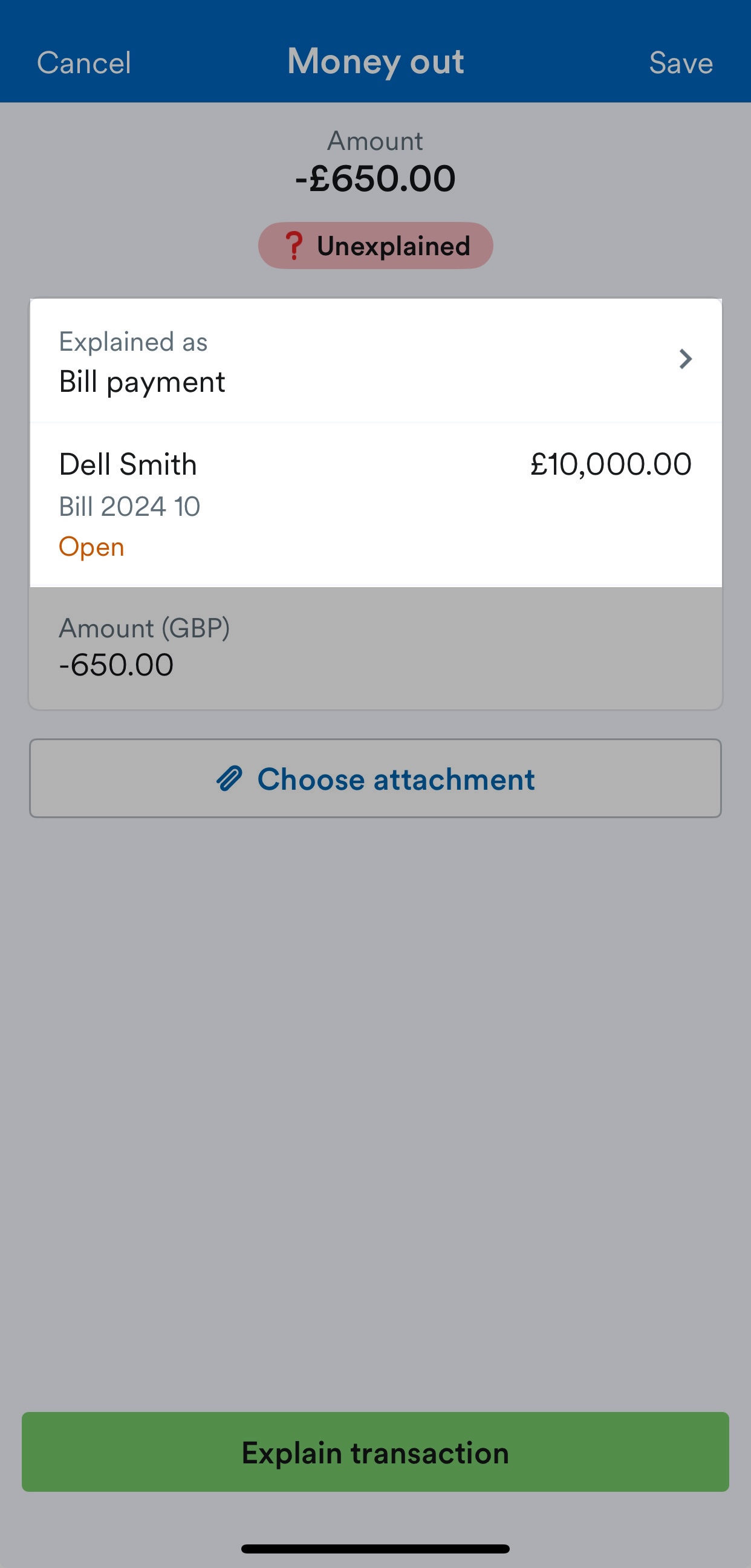 Explained as field highlighted on unexplained transaction screen.