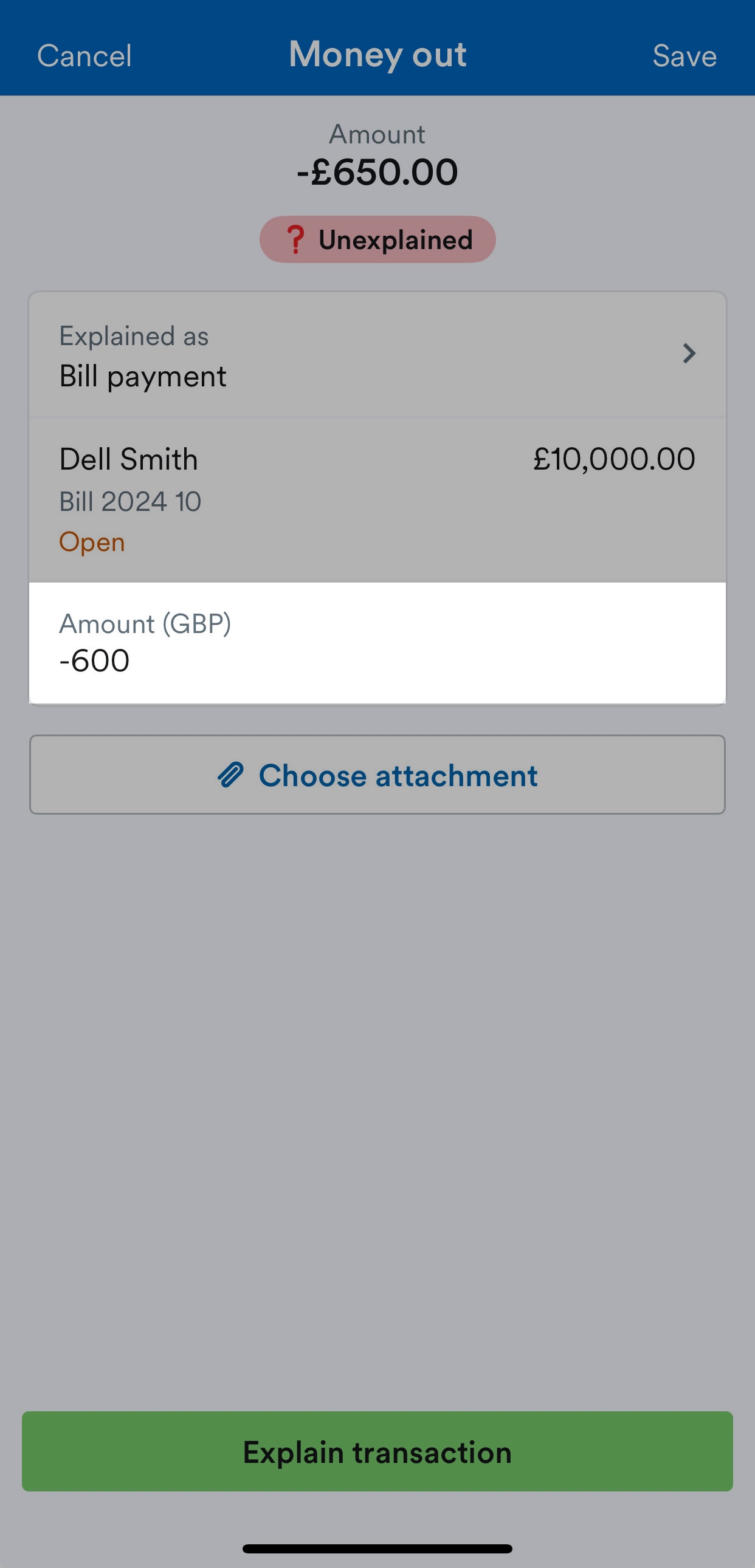 Amount field highlighted on unexplained transaction screen.