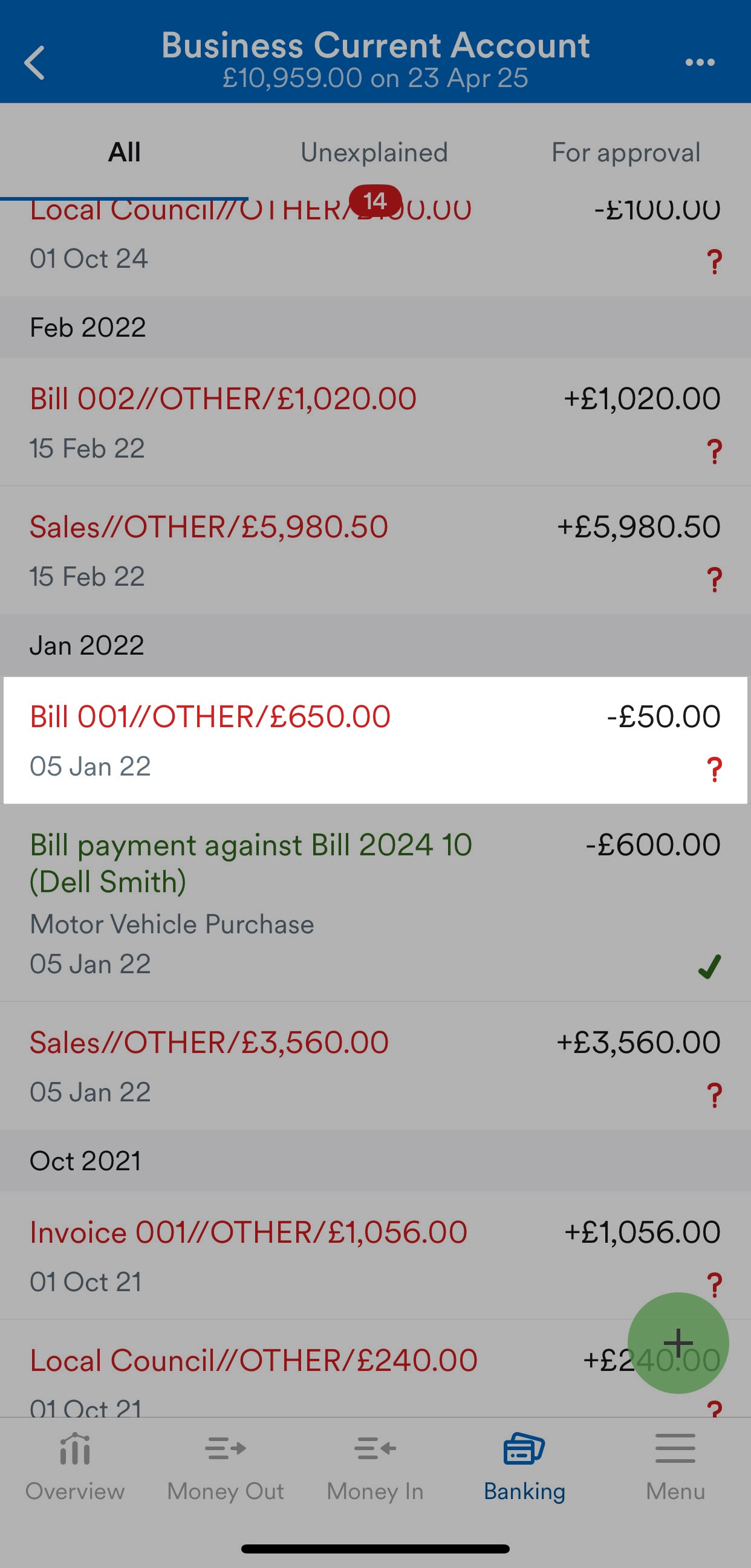 Unexplained transaction highlighted on bank account screen.