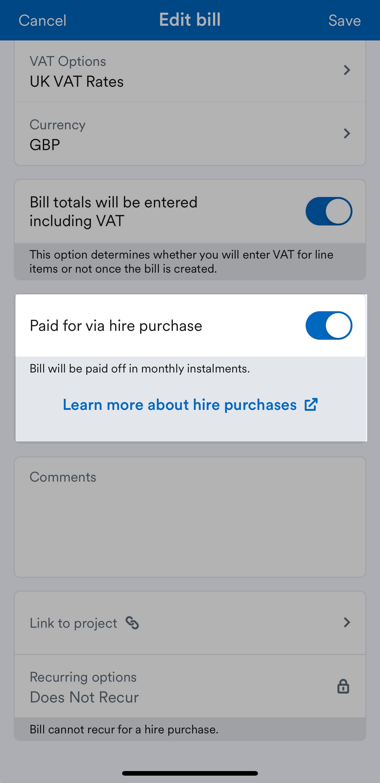 hire purchase toggle set to on on bill screen