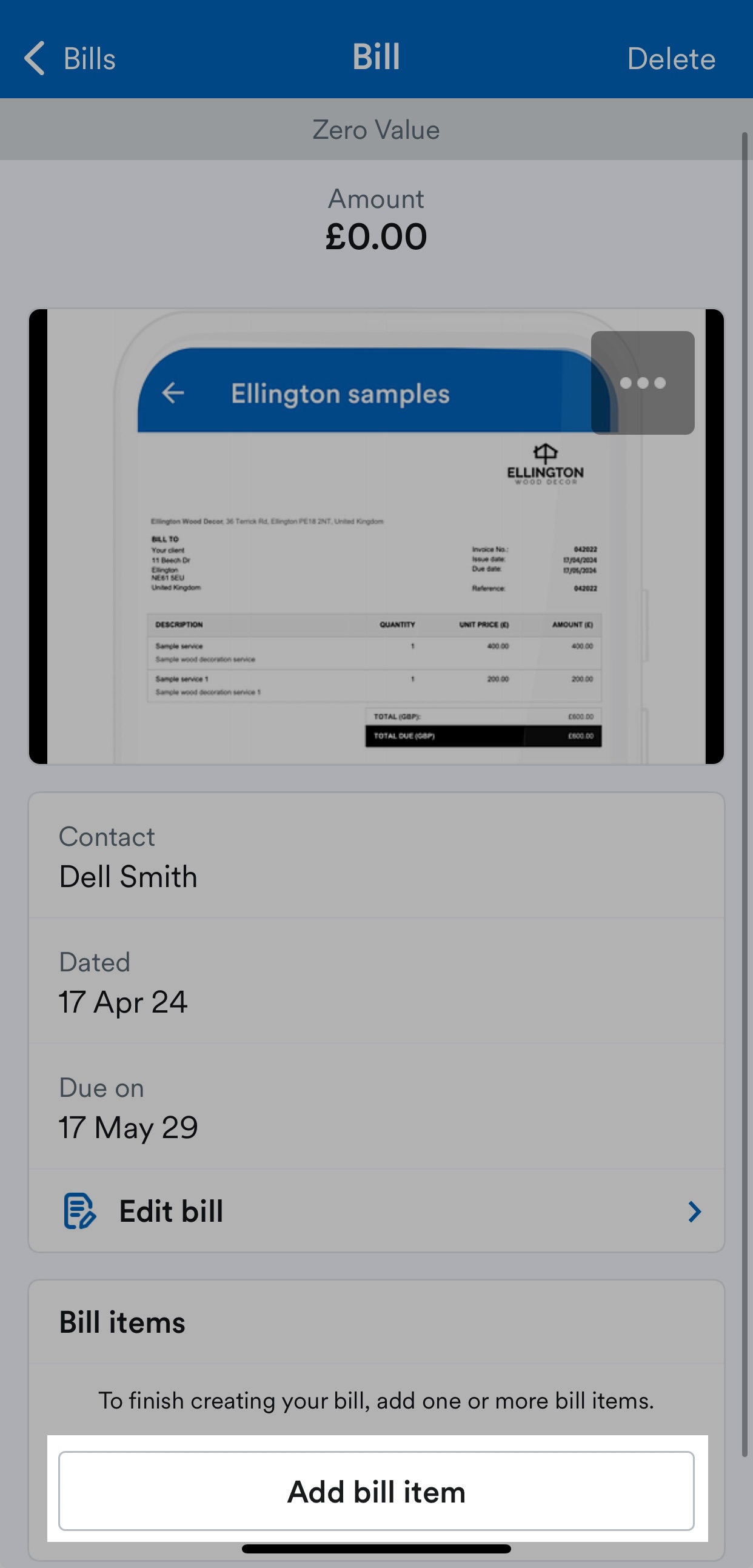 add bill item button highlighted on bill screen