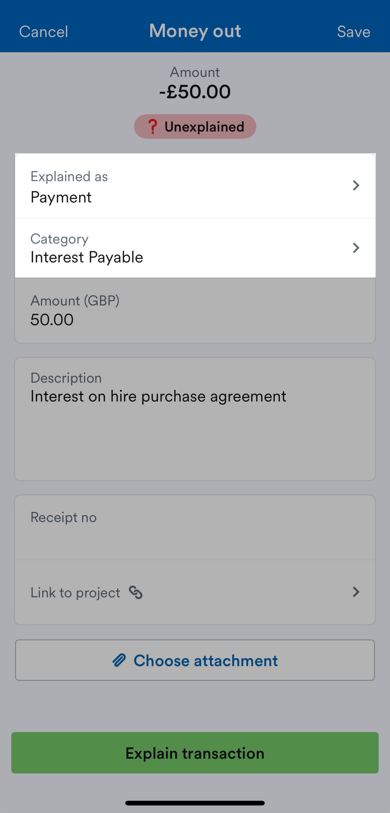 Explained as and Category fields highlighted on unexplained transaction screen.