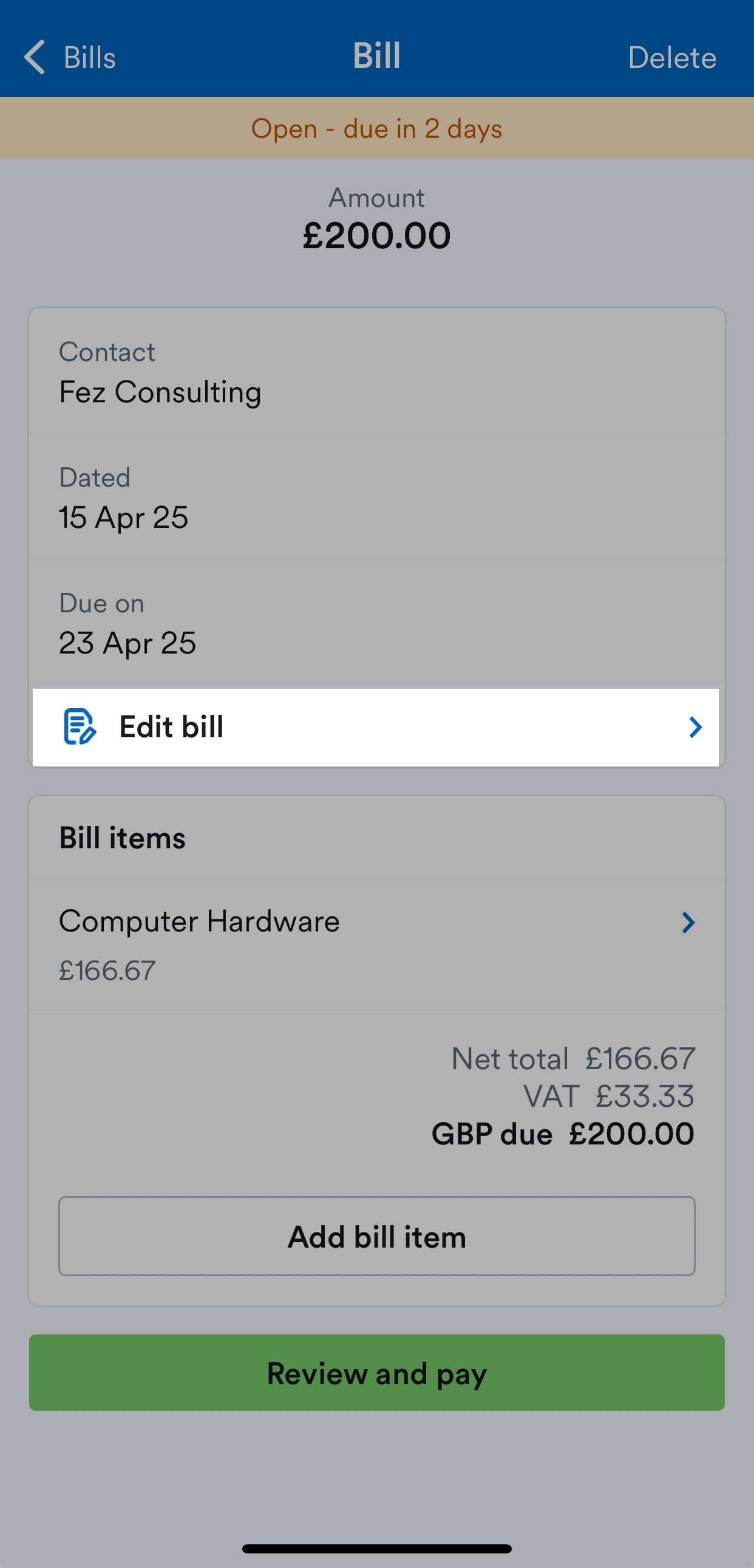 'Edit bill' button highlighted on Bill screen.