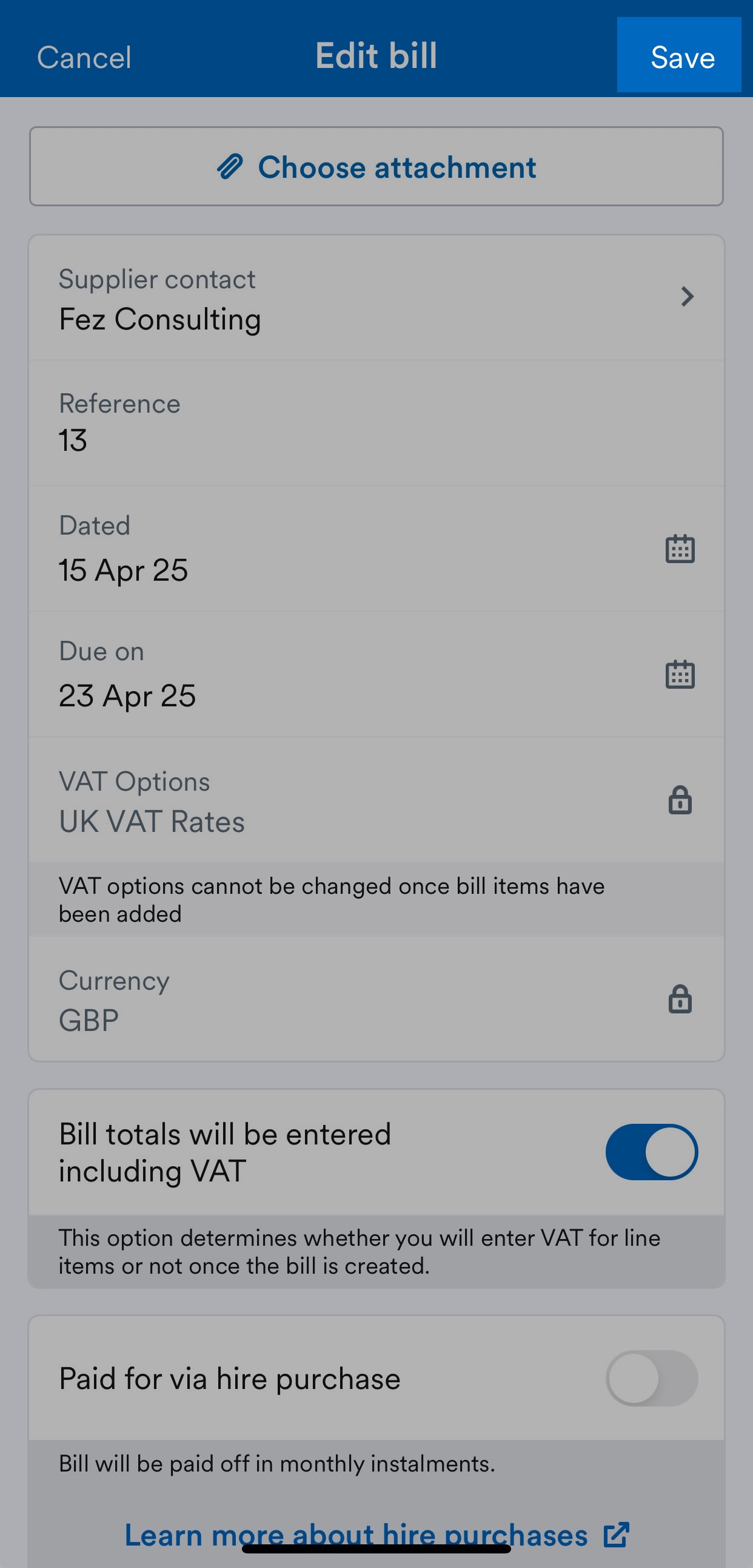 'Save' button highlighted on Edit bill screen.