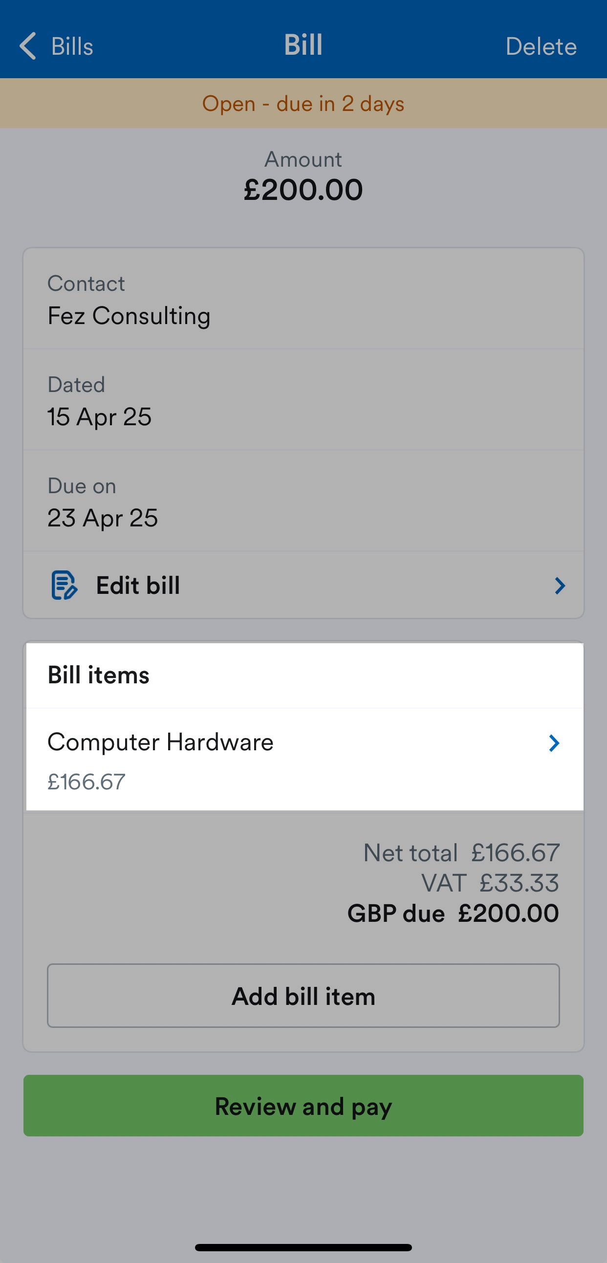 Bill items area highlighted on Bill screen.