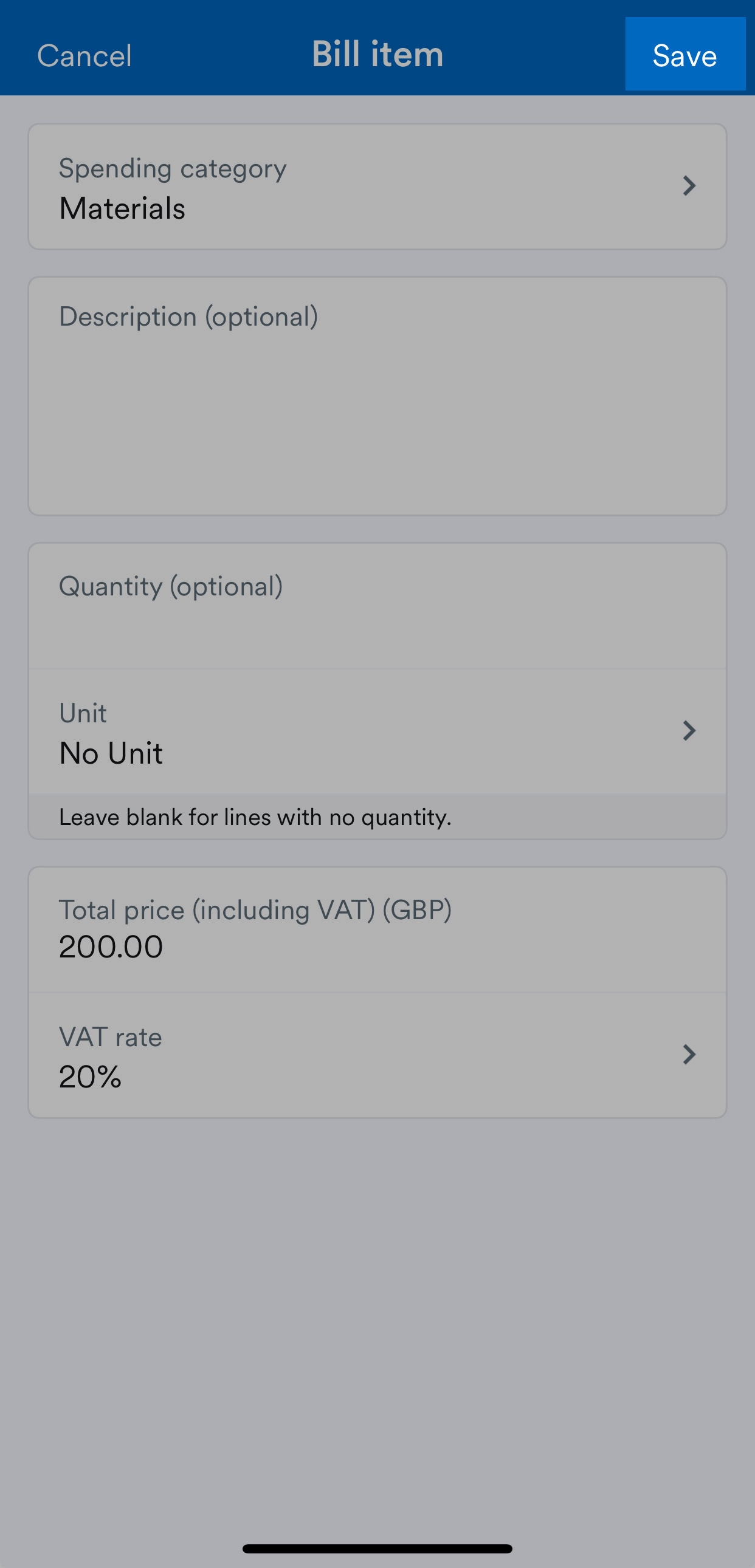 'Save' button highlighted on Bill item screen.