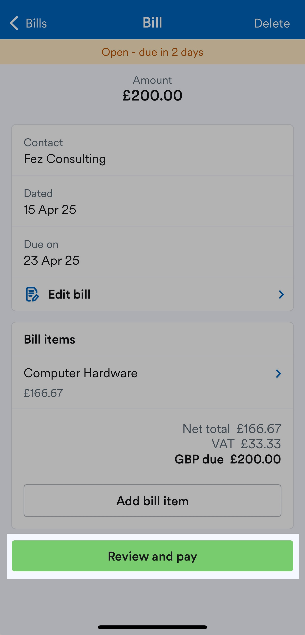 I'Review and pay' button highlighted on Bill screen.
