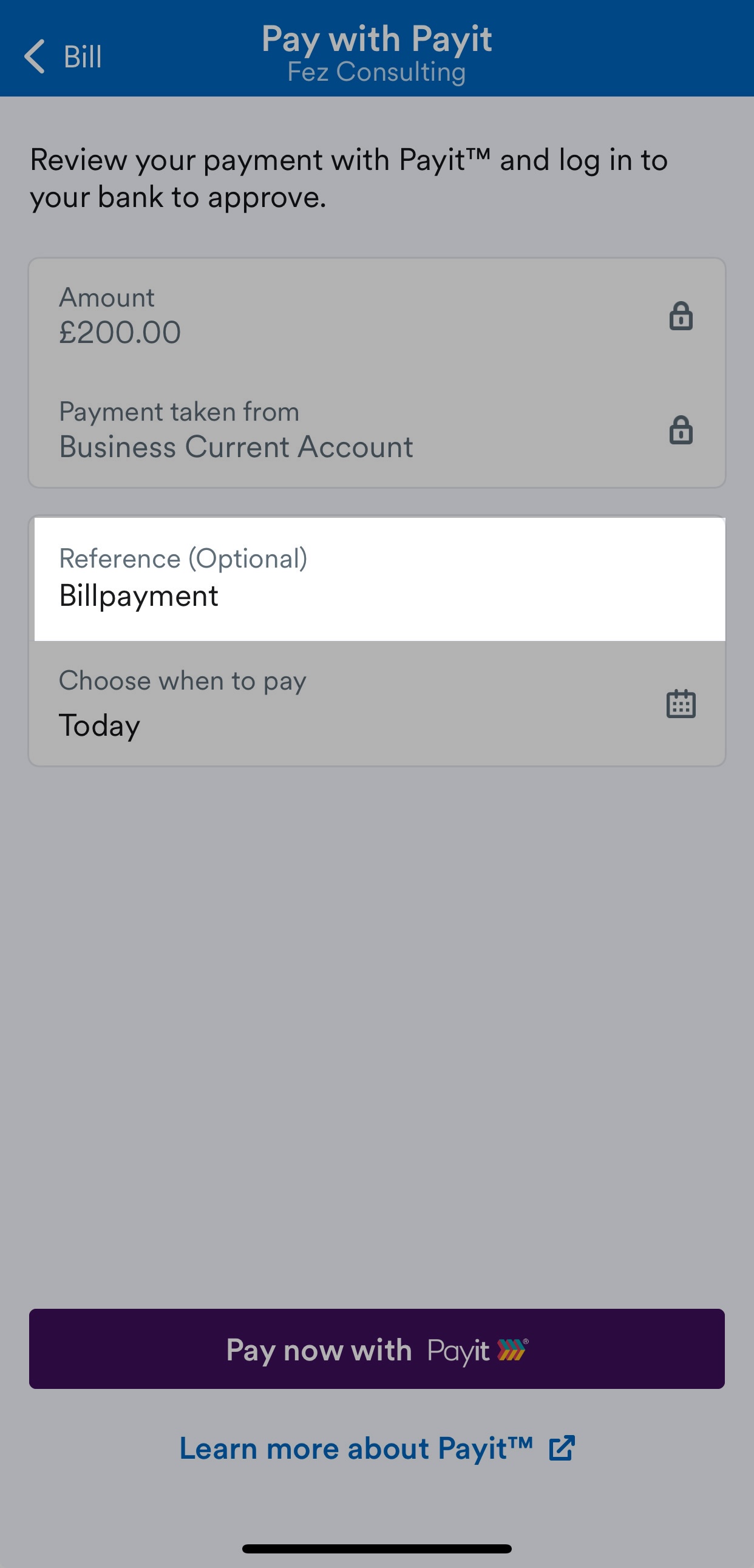 Reference field highlighted on Pay with Payit