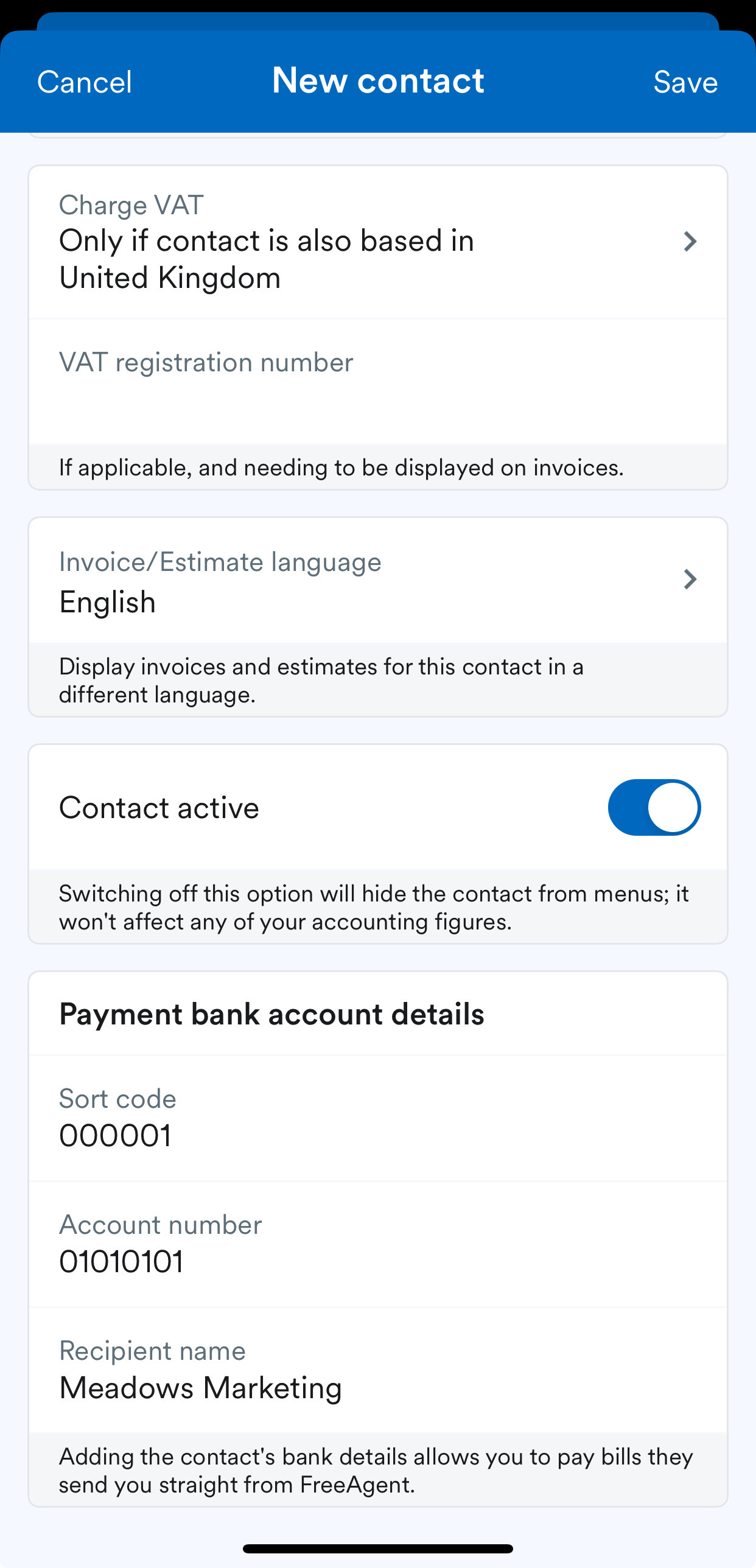 payment bank details entered for a contact