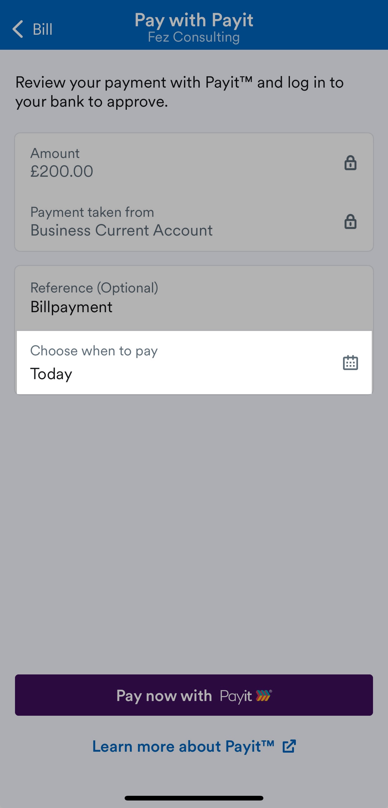 Choose when to pay field highlighted on Pay with Payit screen.
