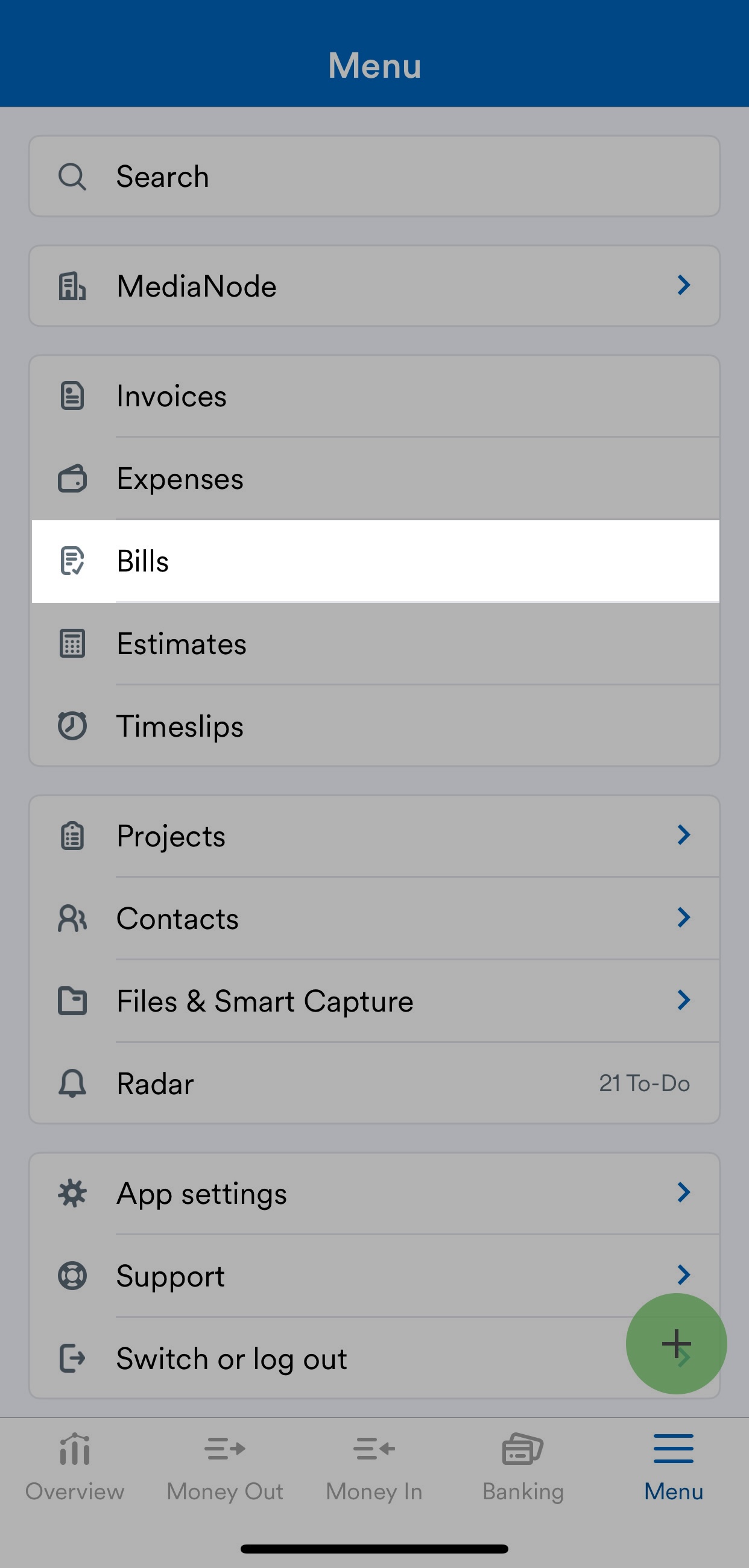 Bills highlighted in the FreeAgent mobile app menu