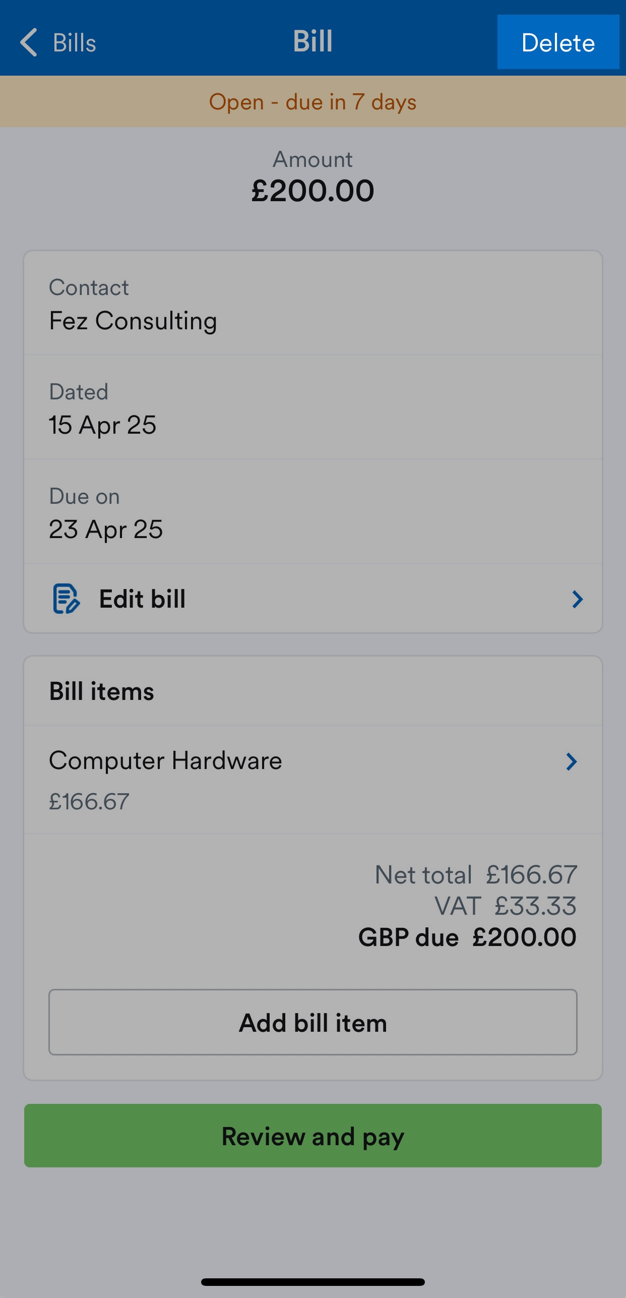 Delete button highlighted at top-right of the bill