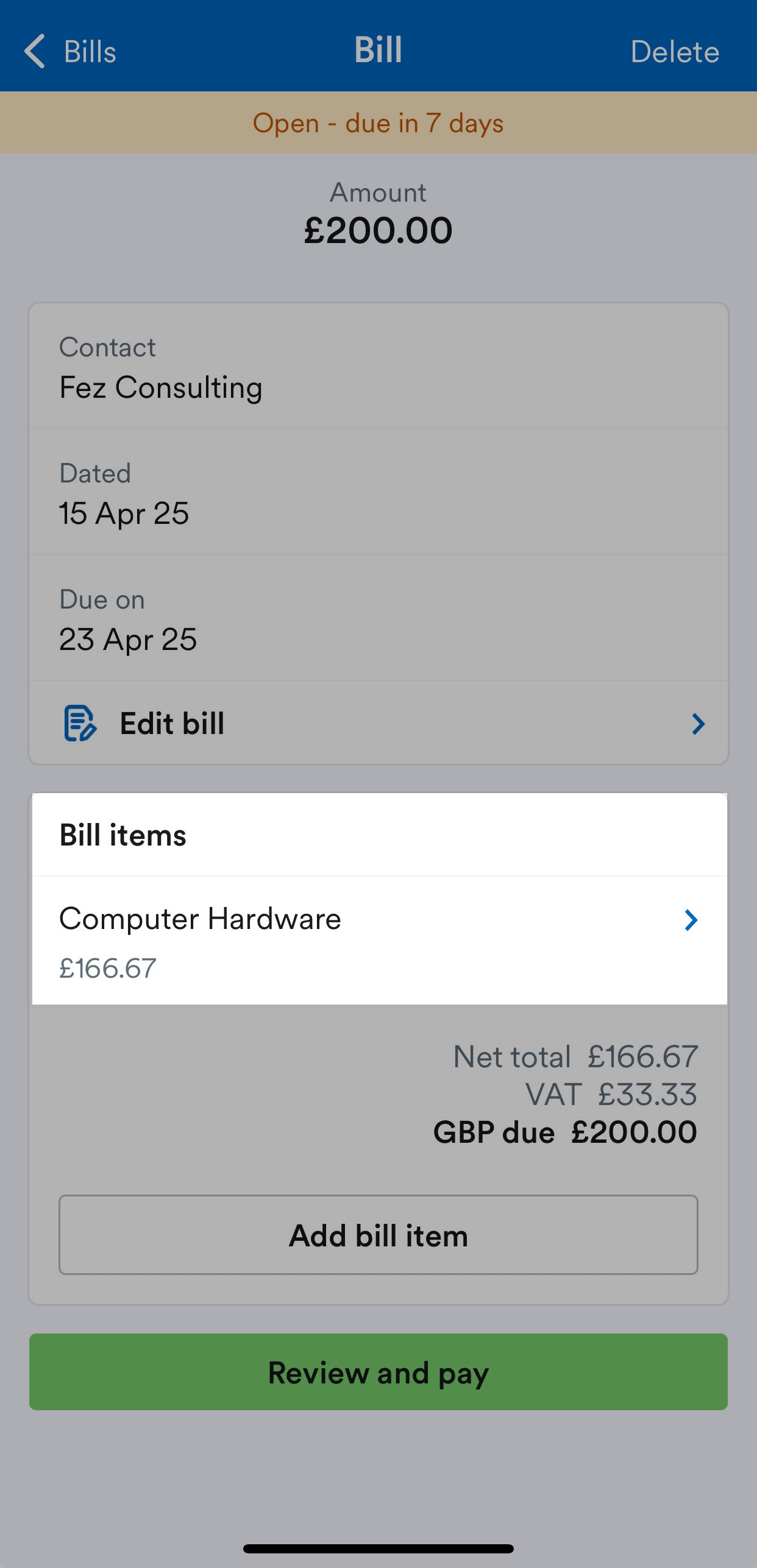 Line item highlighted on a bill