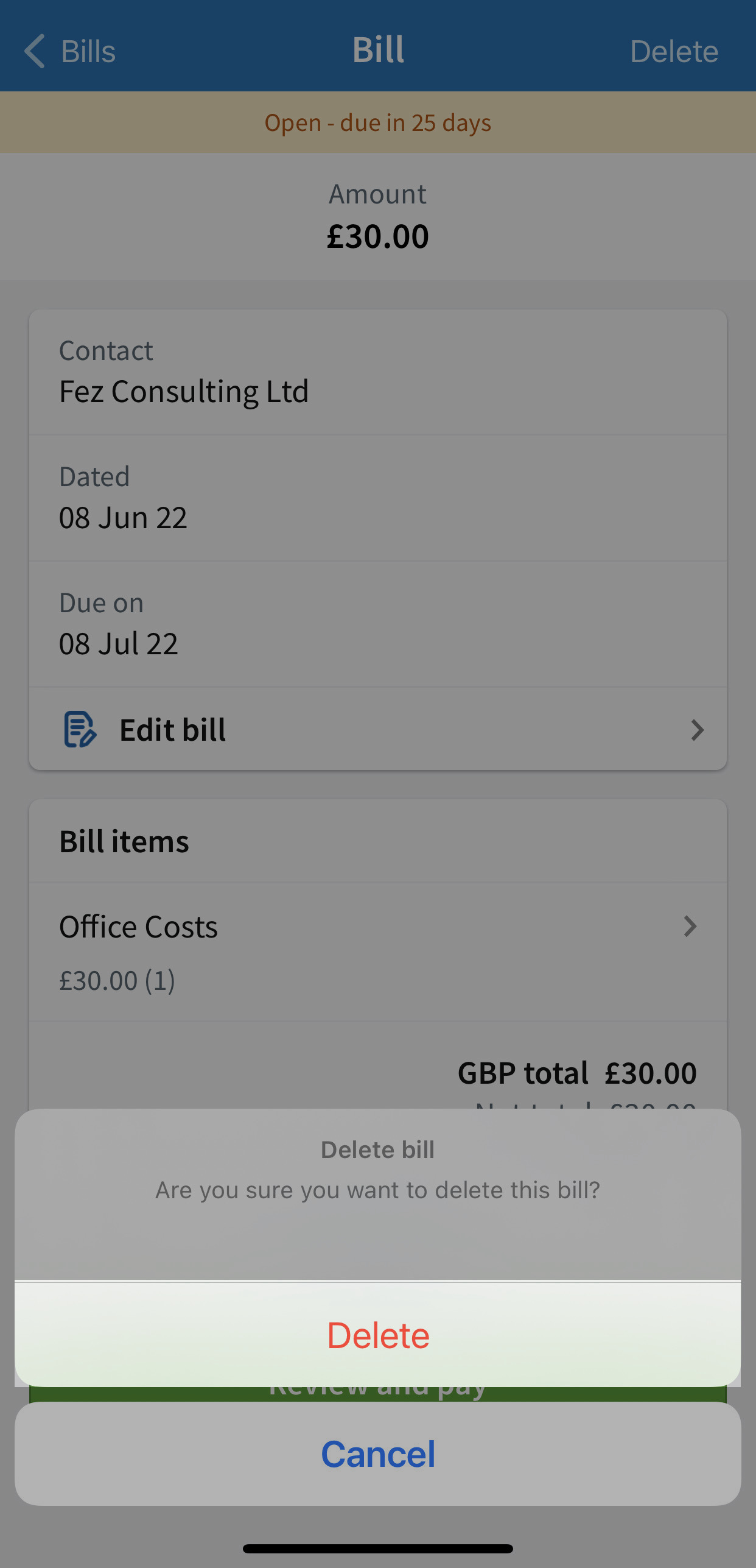 Delete highlighted in the Delete bill menu to confirm