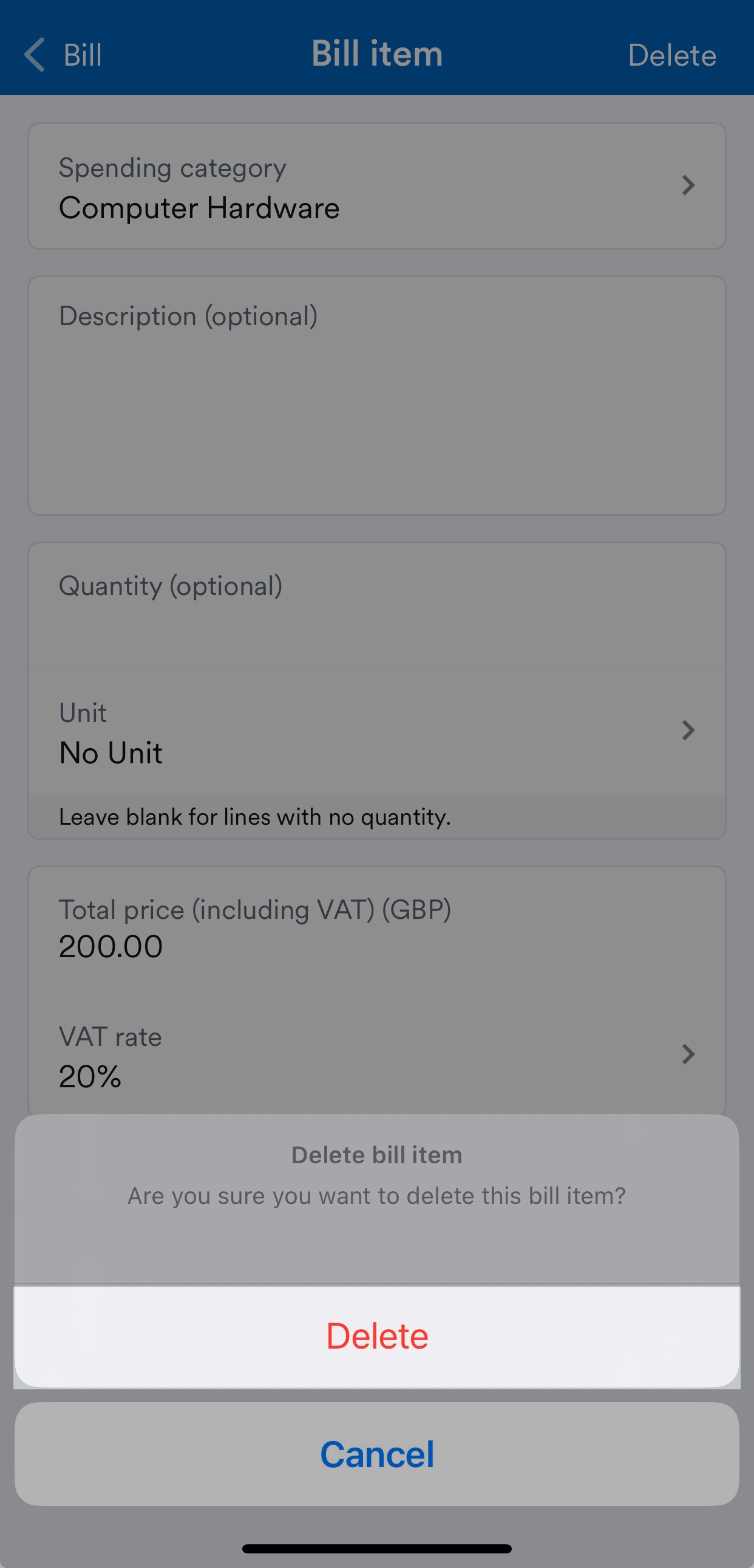 Delete bill item menu with delete highlighted
