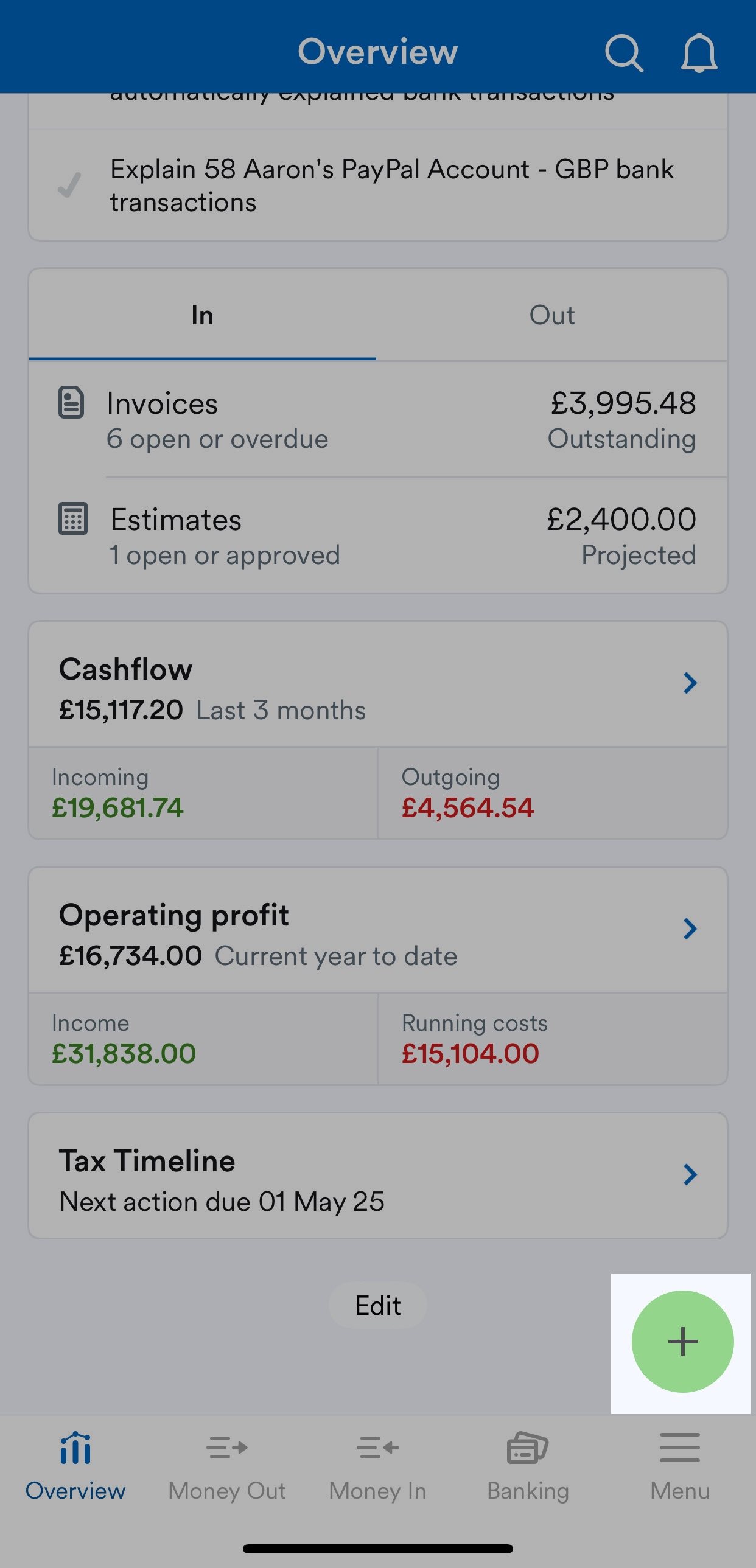 plus button at the bottom of the mobile app highlighted
