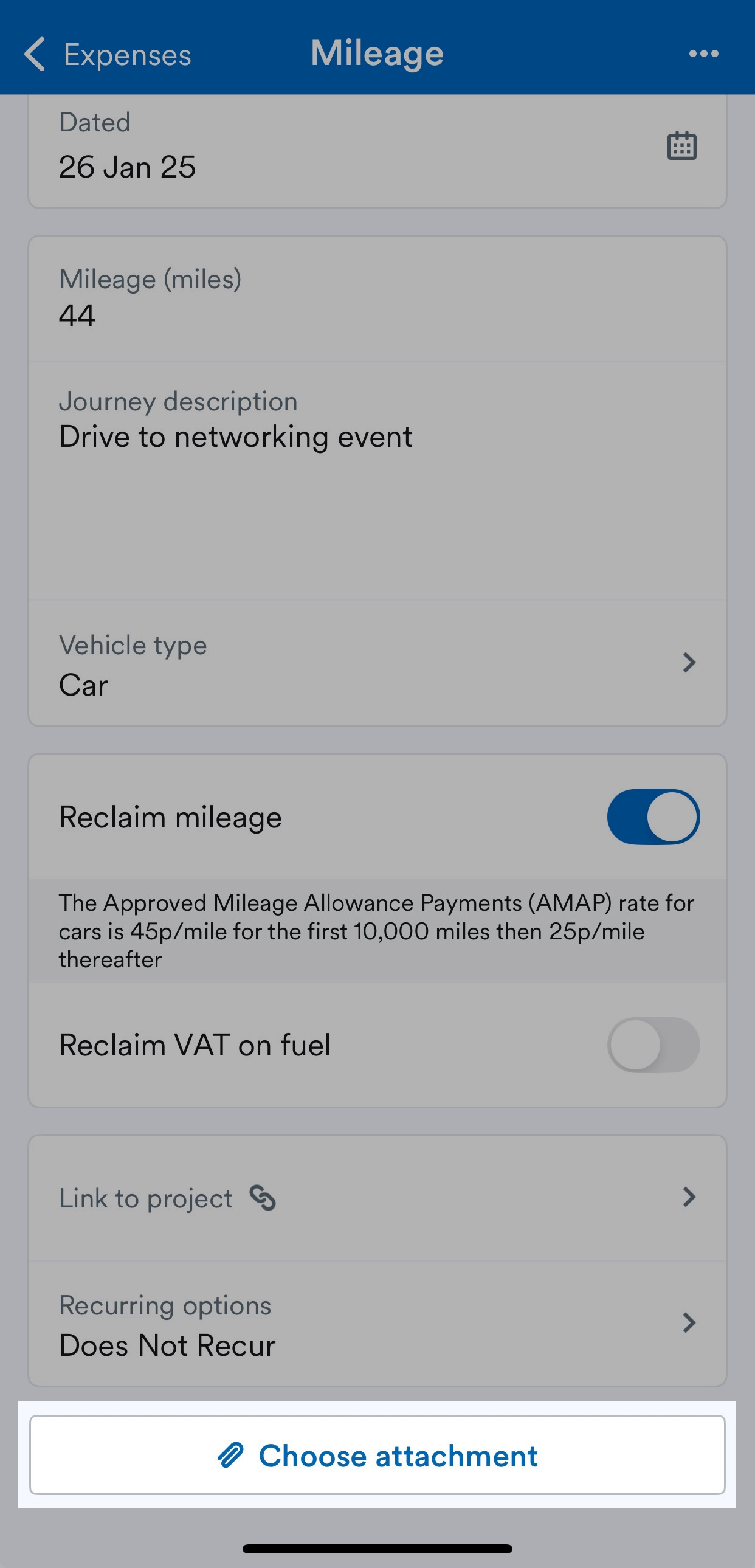 Expense screen with choose attahcment highlighted